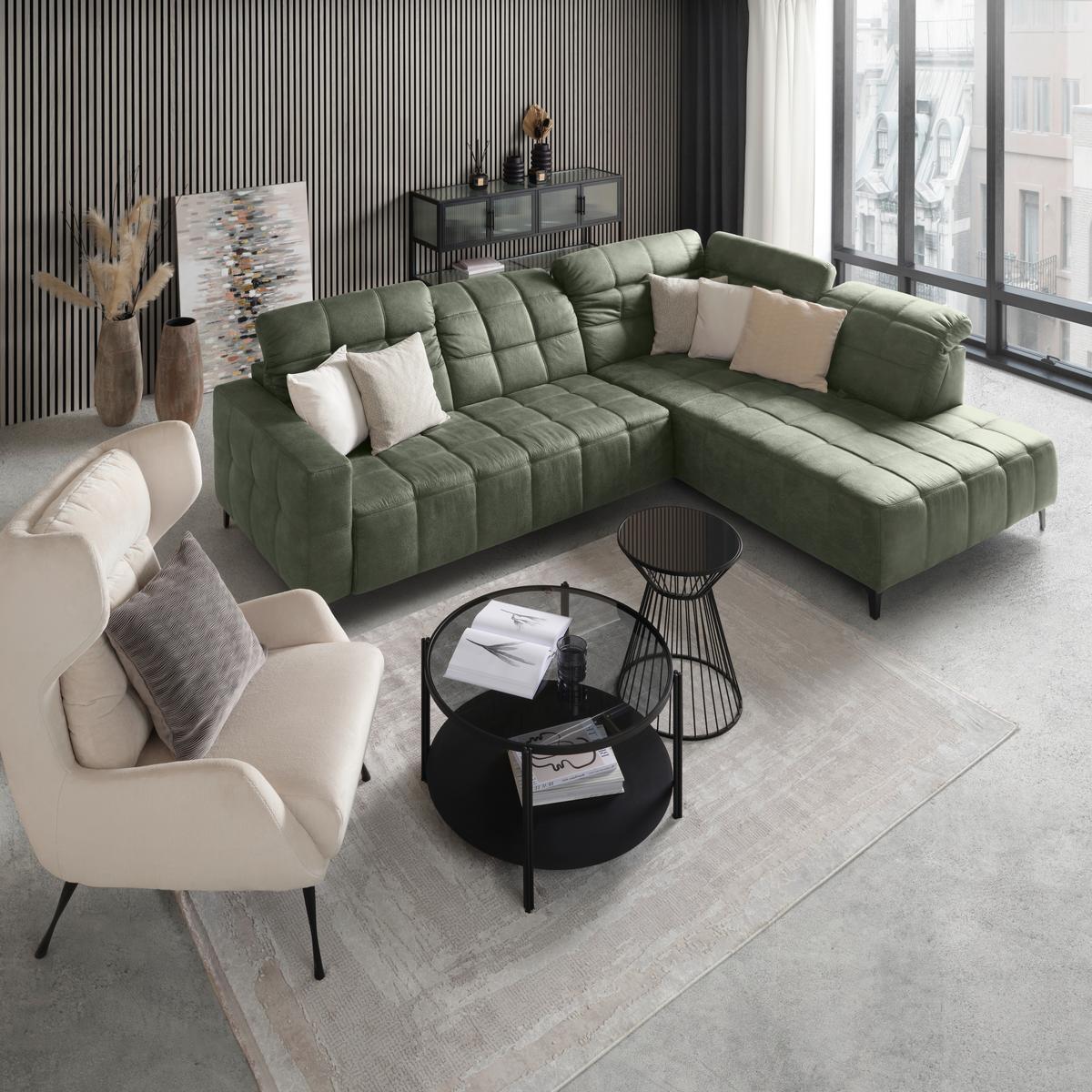 Ecksofa Panama rechts Olivgrün - Schwarz/Olivgrün, KONVENTIONELL, Textil/Metall (304/89-102/216cm) - Premium Living