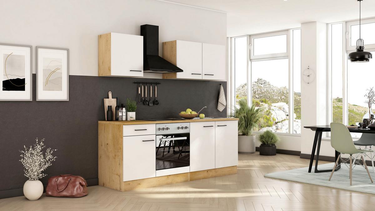 Küchenblock Avila m. Geräten Magnolie - Eichefarben/Magnolie, Trend, Holzwerkstoff/Metall (210cm) - FlexWell