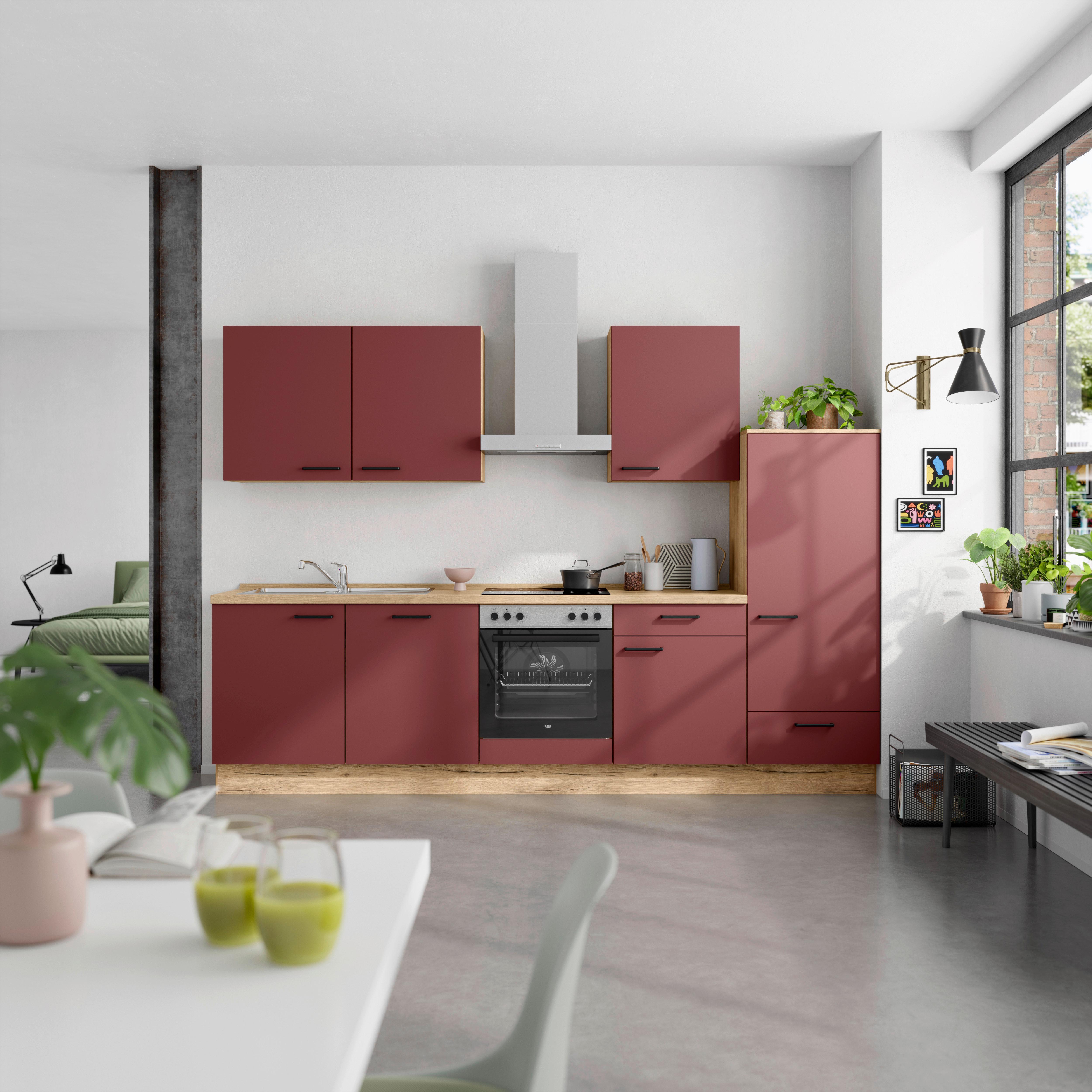 Küchenblock Easytouch Low m. Geräten Dunkelrot - Eichefarben/Schwarz, MODERN, Holzwerkstoff/Metall (300cm) - Nobilia