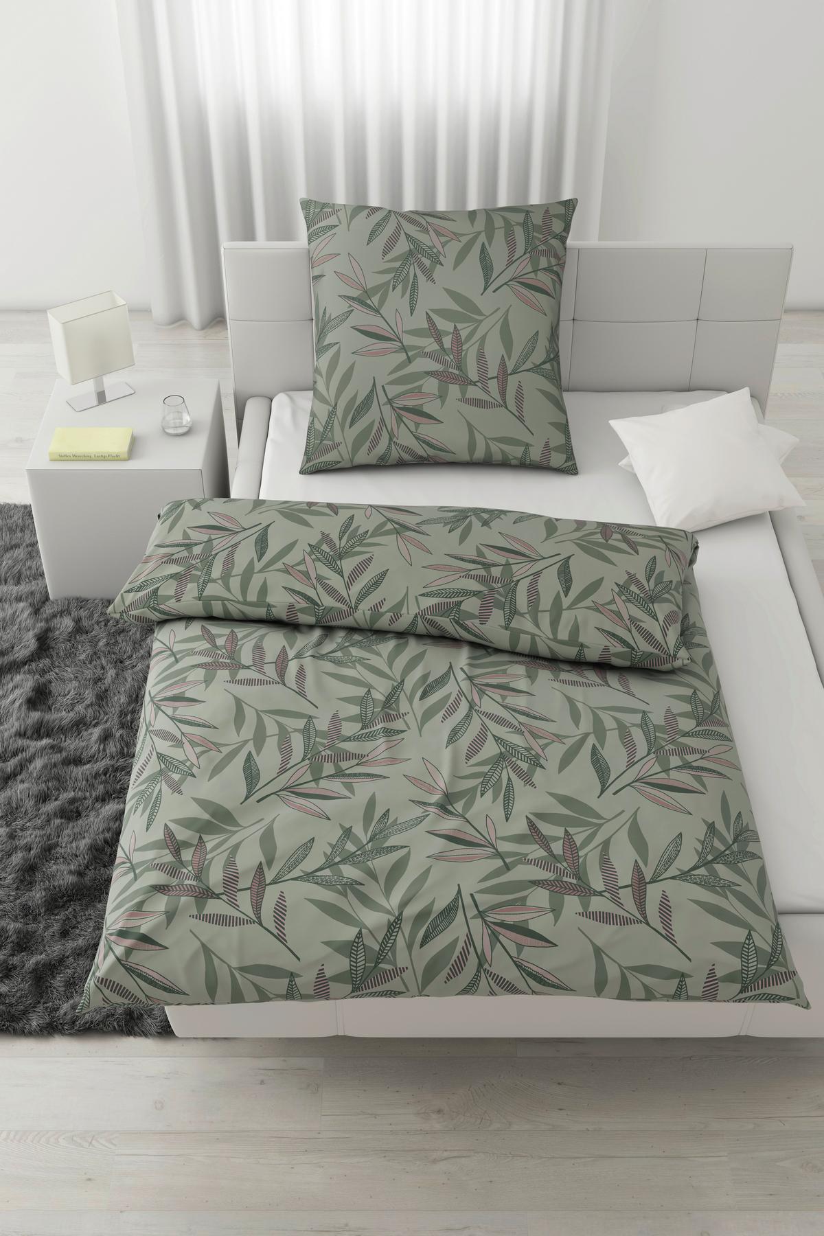 Bettwäsche Stitched Leaves Grün/Mauve ca. 135x200cm - Mauve/Grün, Textil (135/200cm) - Modern Living