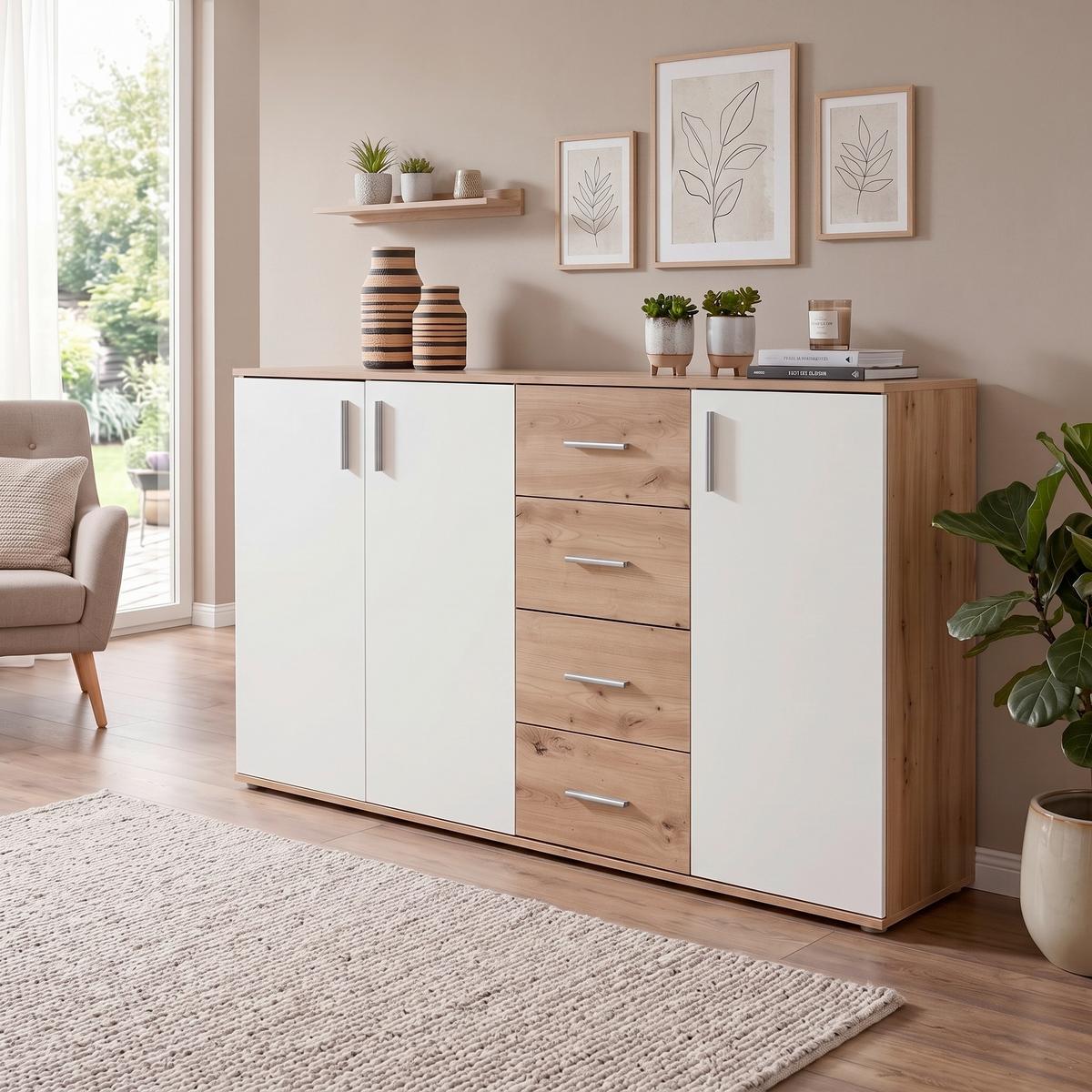 Komoda Ina 04 - bijela/hrast Artisan, Moderno, drvni materijal/plastika (175,8/94,8/38,3cm) - Modern Living