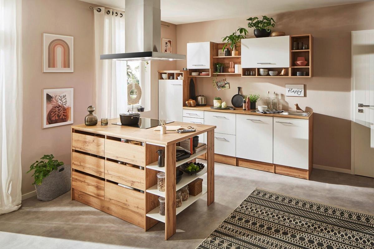 Küchenblock Hilde m. Insel m. Geräten ca.280cm Eiche/Weiß - Wildeiche/Alufarben, Design, Holzwerkstoff/Metall (280-150cm) - Respekta