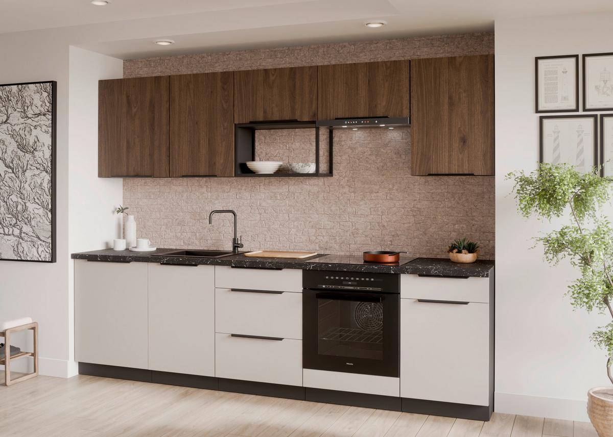 Bucatarie fara electrocasnice ARONA/MONZA - cașmir/culoare lemn de nuc, Modern, metal/material pe bază de lemn (280/210/60cm) - Modern Living