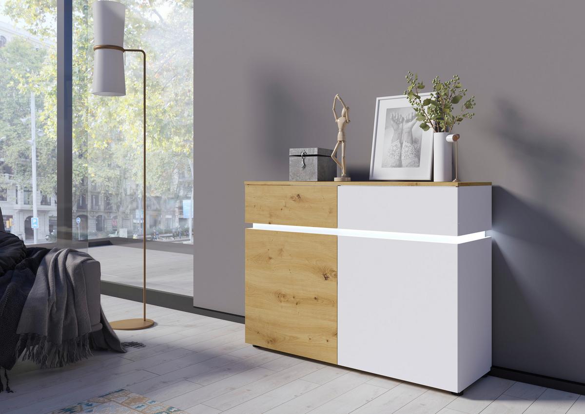 Comodă cu usi LUCI - alb/stejar Artisan, Trend, material pe bază de lemn (120,4/90,1/40cm) - Modern Living