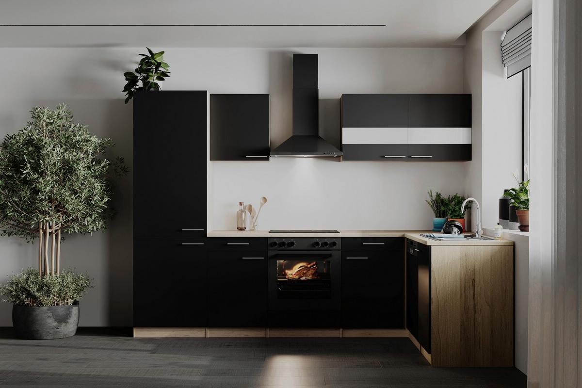 Eckküche Merle m. Geräten ca. 280x172cm Schwarz - Edelstahlfarben/Eichefarben, Basics, Holzwerkstoff/Metall (280/172cm) - Respekta