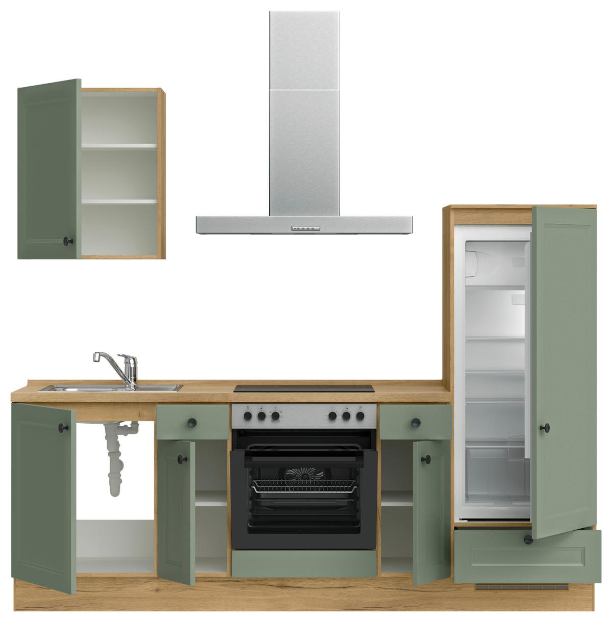 Küchenblock Cascada Low m. Geräten Schilfgrün - Schilfgrün/Eichefarben, MODERN, Holzwerkstoff/Metall (240cm) - Nobilia