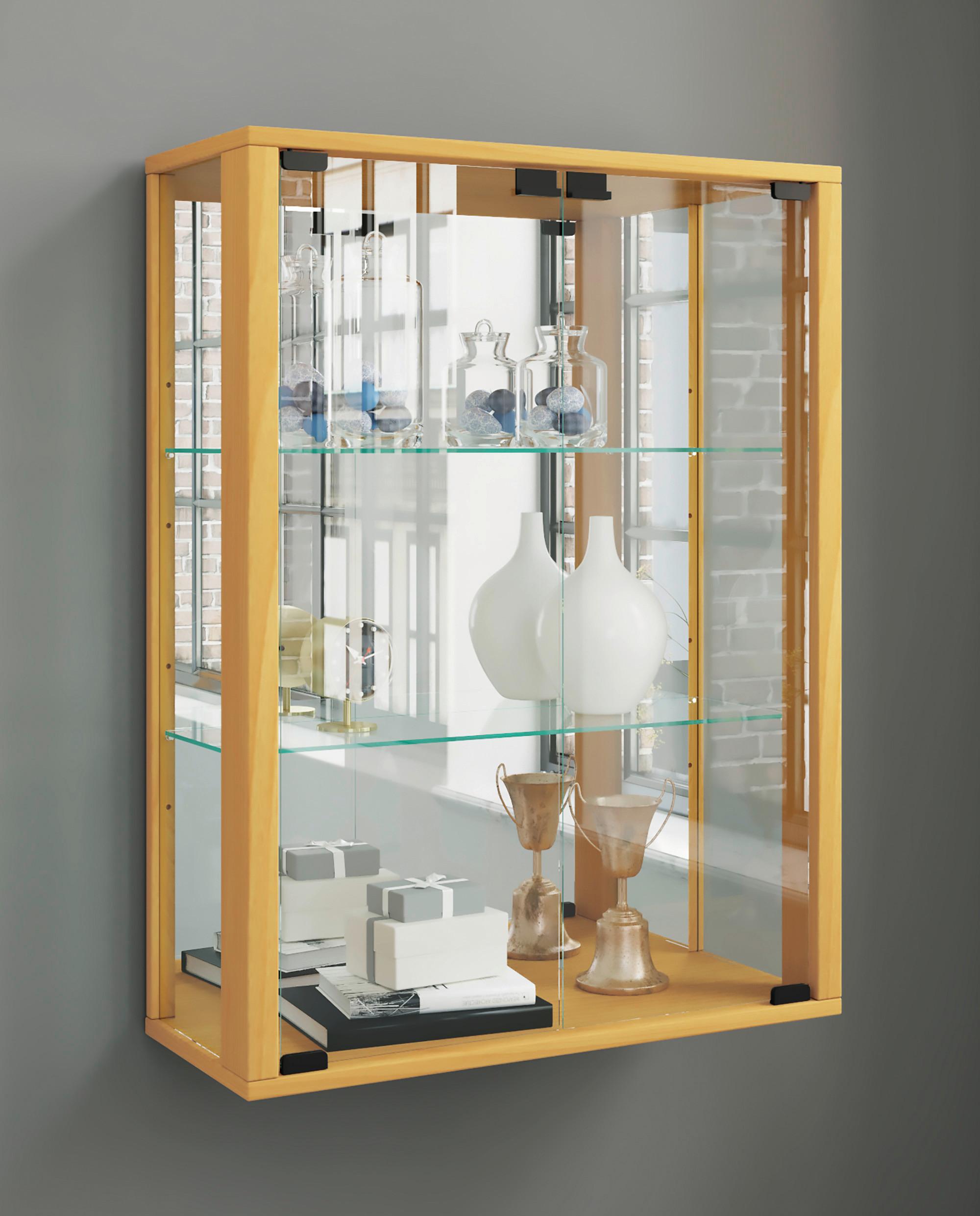 Viseča Vitrina Udina, Barva Bukve, Z Ogledalom, Led - črna/barve bukve, Moderno, umetna masa/steklo (60/80/25cm) - MID.YOU