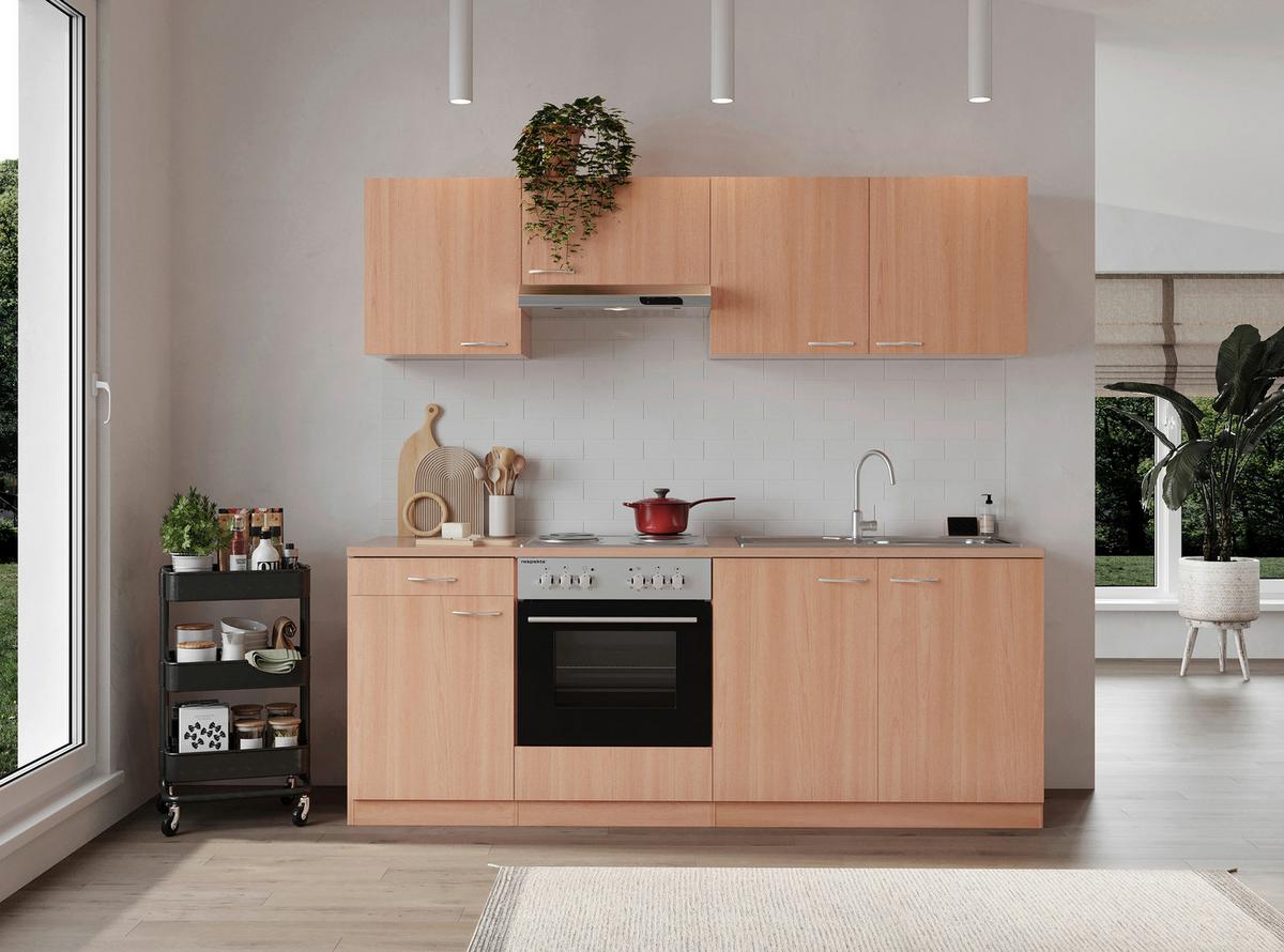 Küchenblock Gerda mit Geräten ca. 210 cm Buchefarben - Buchefarben/Alufarben, Basics, Holzwerkstoff/Kunststoff (210cm) - Respekta