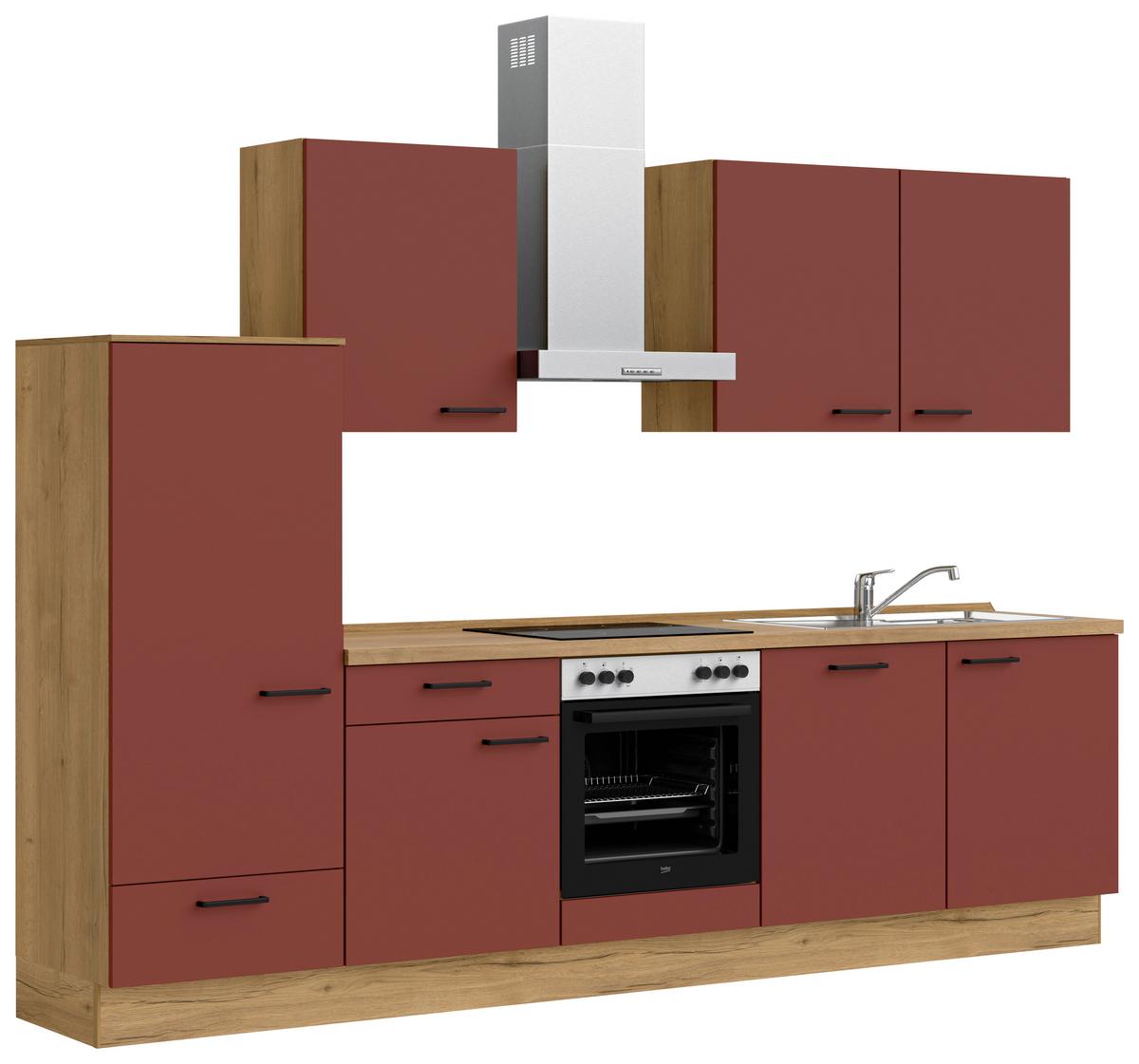 Küchenblock Easytouch Low m. Geräten Dunkelrot - Eichefarben/Schwarz, MODERN, Holzwerkstoff/Metall (300cm) - Nobilia