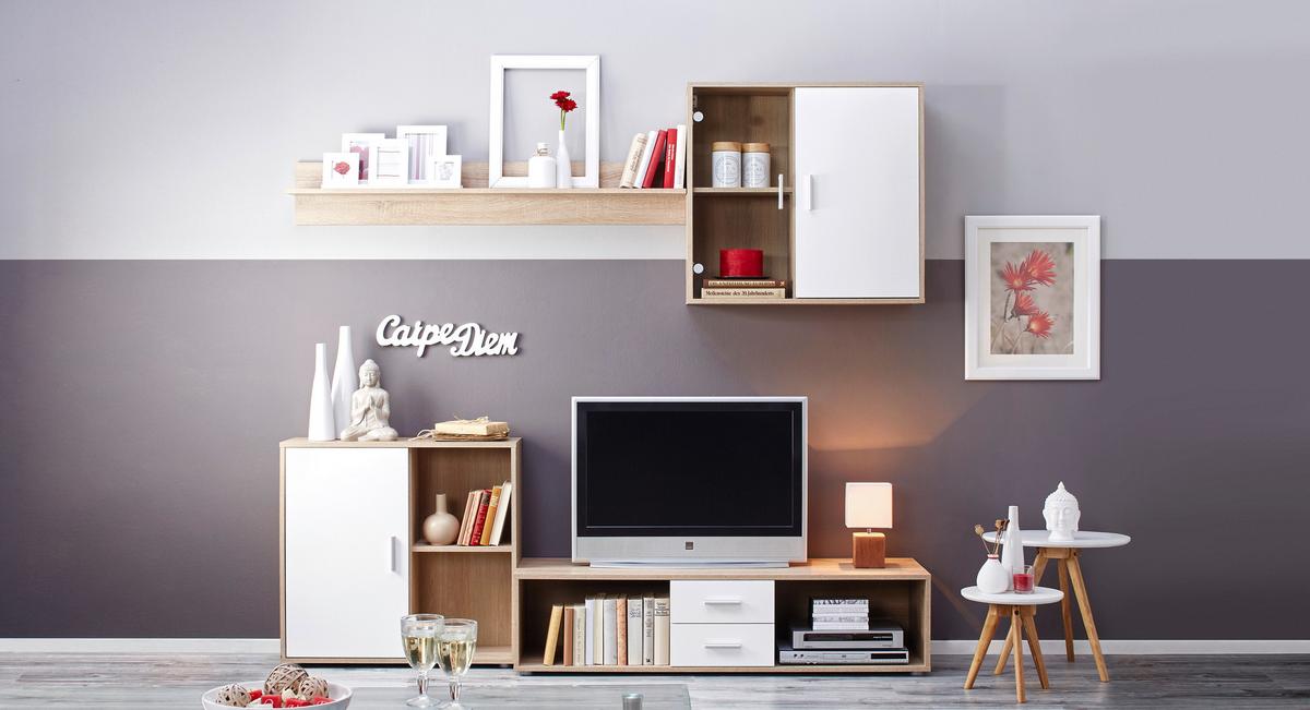 Wohnwand in Eichefarben - Weiss/Alufarben, Konventionell, Glas/Holz (218/190/42cm) - Based