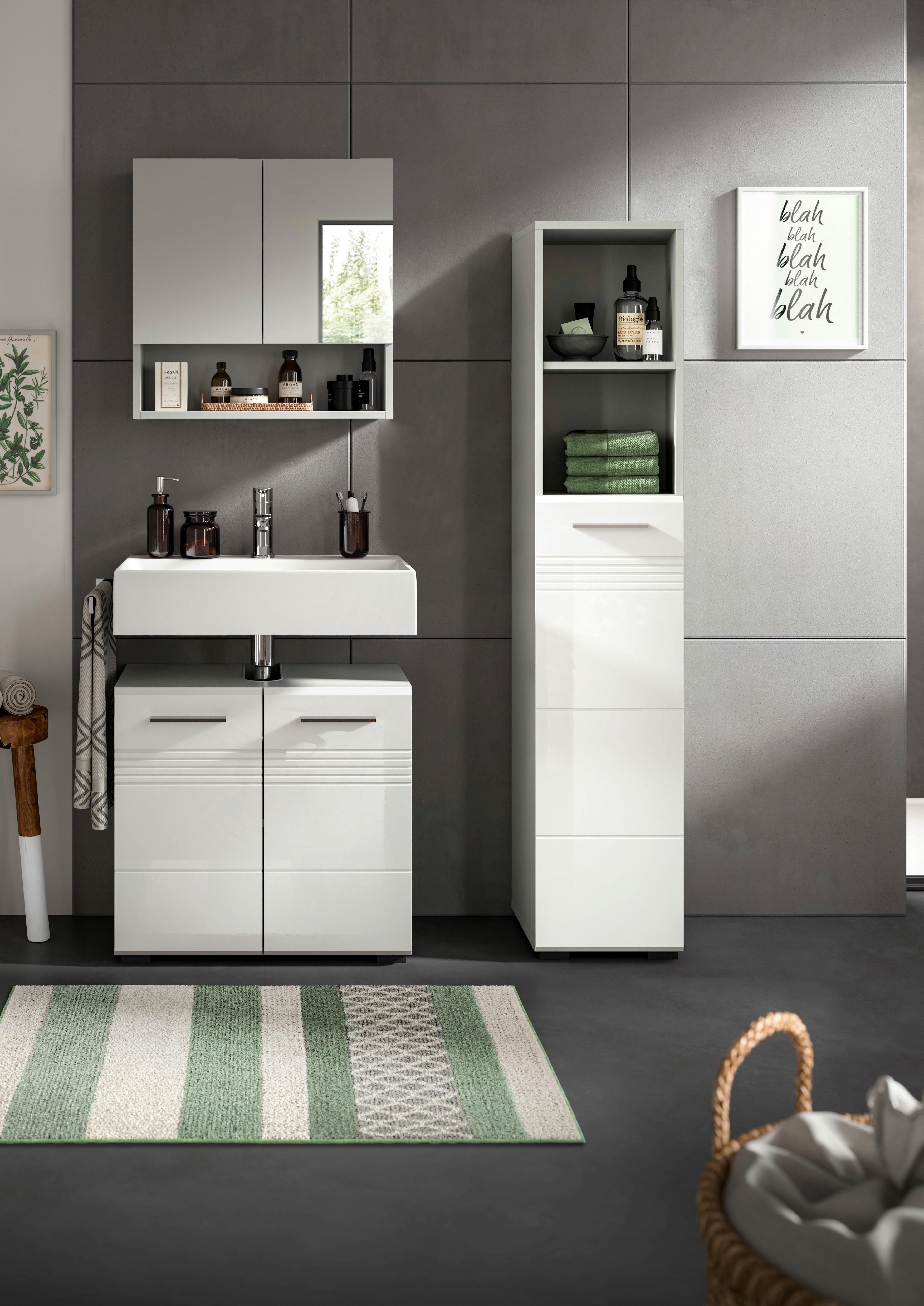 Badezimmer-Set COPA 3-teilig, Grau/Weiß Hochglanz - Chromfarben/Weiß Hochglanz, MODERN, Holzwerkstoff/Kunststoff (90cm) - MID.YOU
