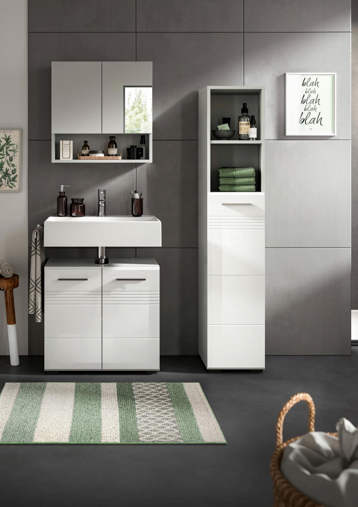 Badezimmer-Set COPA 3-teilig, Grau/Weiß Hochglanz - Chromfarben/Weiß Hochglanz, MODERN, Holzwerkstoff/Kunststoff (90cm) - MID.YOU