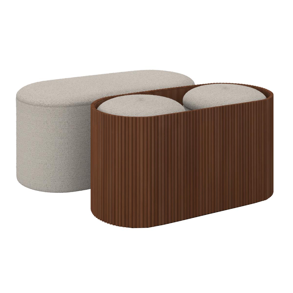 Sitzbank Nina mit Stauraum inkl. 2 Hocker Bouclé Weiß - Naturfarben/Weiß, MODERN, Holz/Holzwerkstoff - Bessagi Home