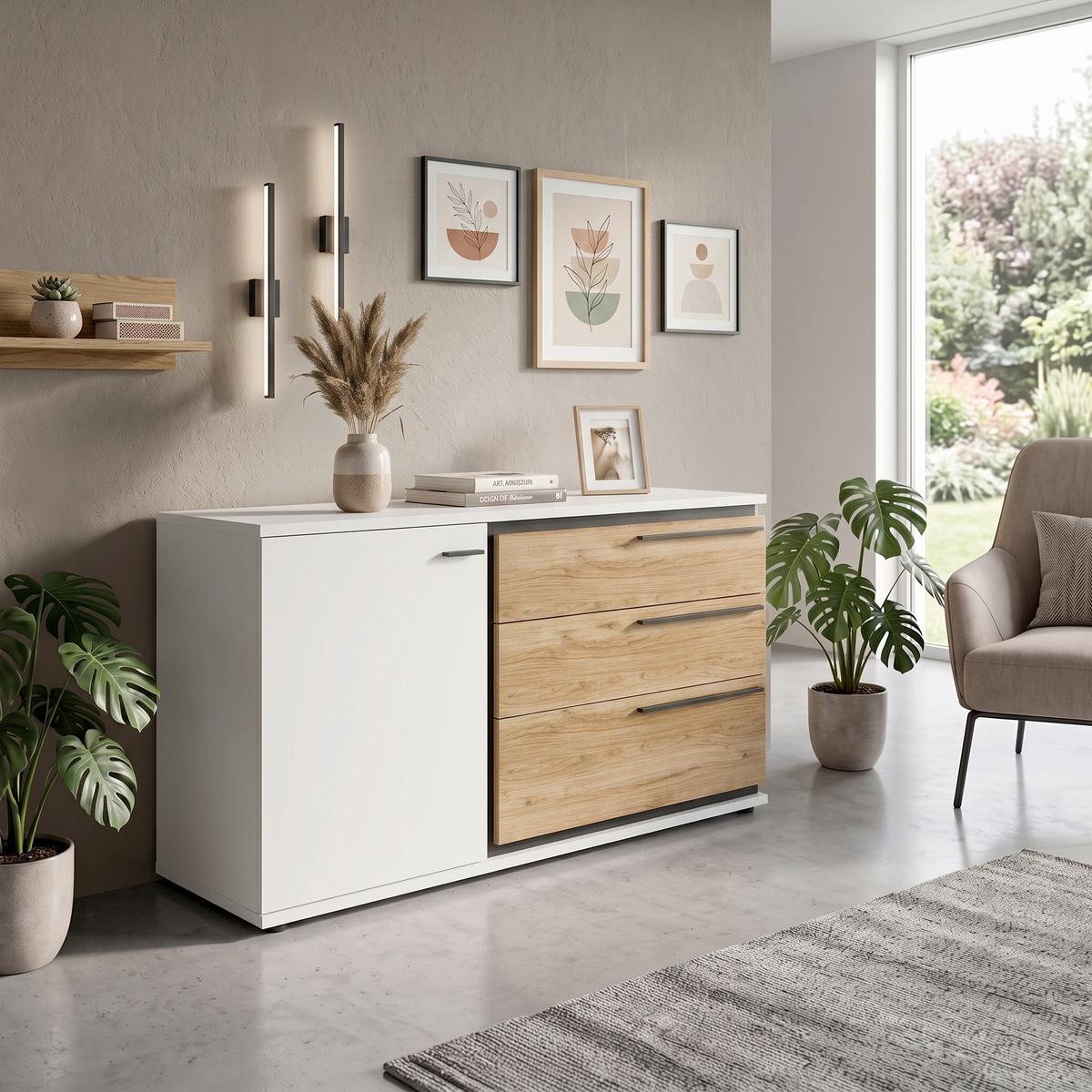 Comodă Salinas - alb/culoare lemn stejar, Trend, material pe bază de lemn (132,9/85/40cm) - Modern Living