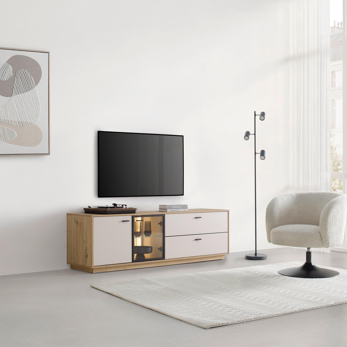 TV-Element Cremona Kaschmir/Eiche Artisan - Kaschmir/Schwarz, MODERN, Glas/Holzwerkstoff (180/55/45cm) - Premium Living
