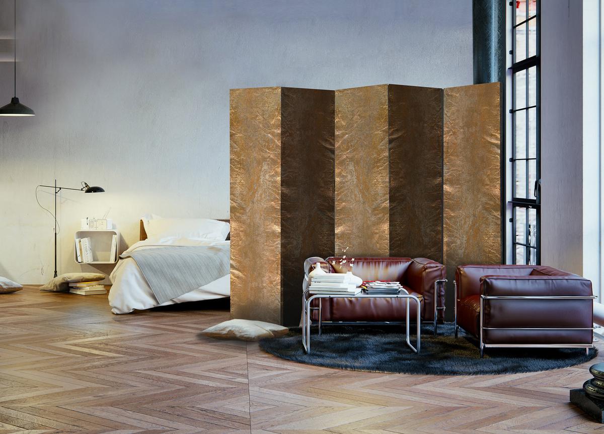 Paravan Copper Chic I, 5-Delni, Enostranski - zlate barve/rjava, Basics, tekstil/les (225/172/3cm) - artgeist