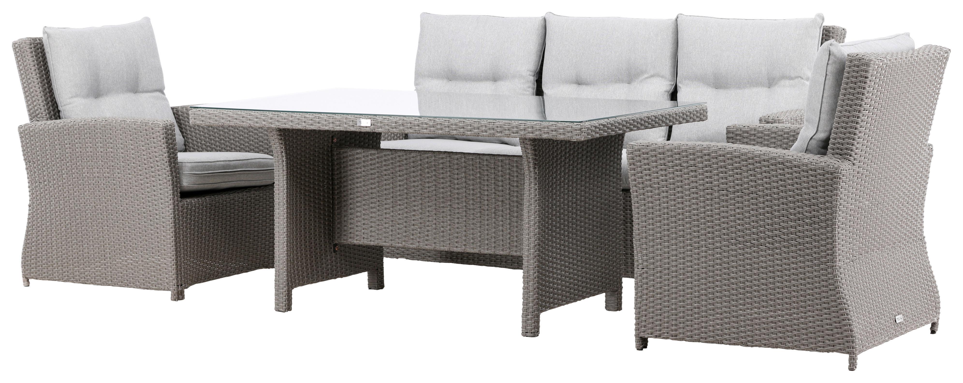 Dining-Loungeset Brentwood Grau, Kunststoffgeflecht - Grau, KONVENTIONELL, Glas/Kunststoff - Gardenson