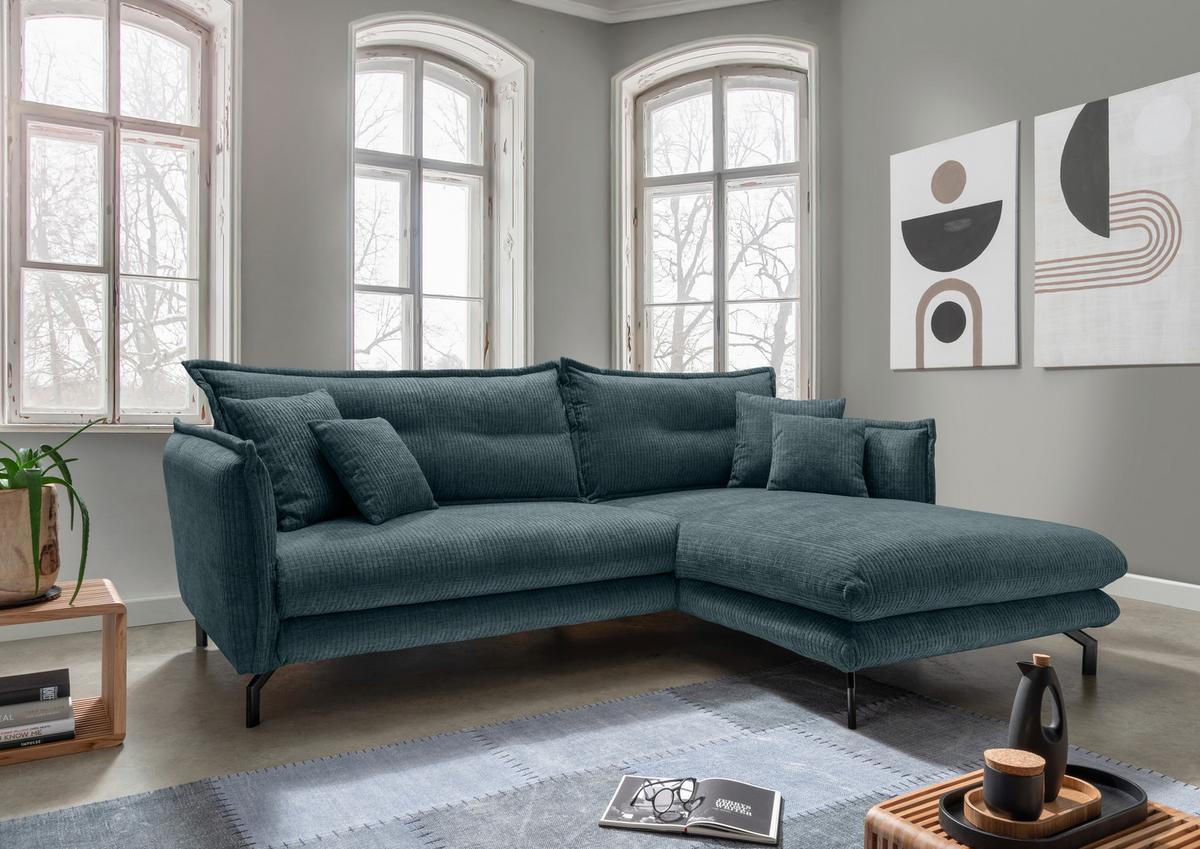 Ecksofa Lava Blau Velours - bleu/noir, Design, textile/métal (255/180cm) - Livetastic