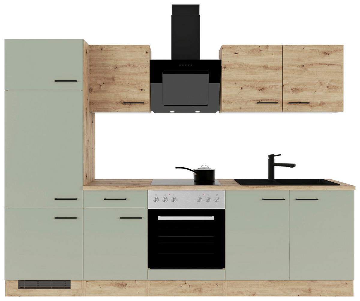 Küchenblock Cara mit Geräten ca. 270 cm Grün/Eiche - Schilfgrün/Schwarz, Basics, Holzwerkstoff/Metall (270cm) - FlexWell