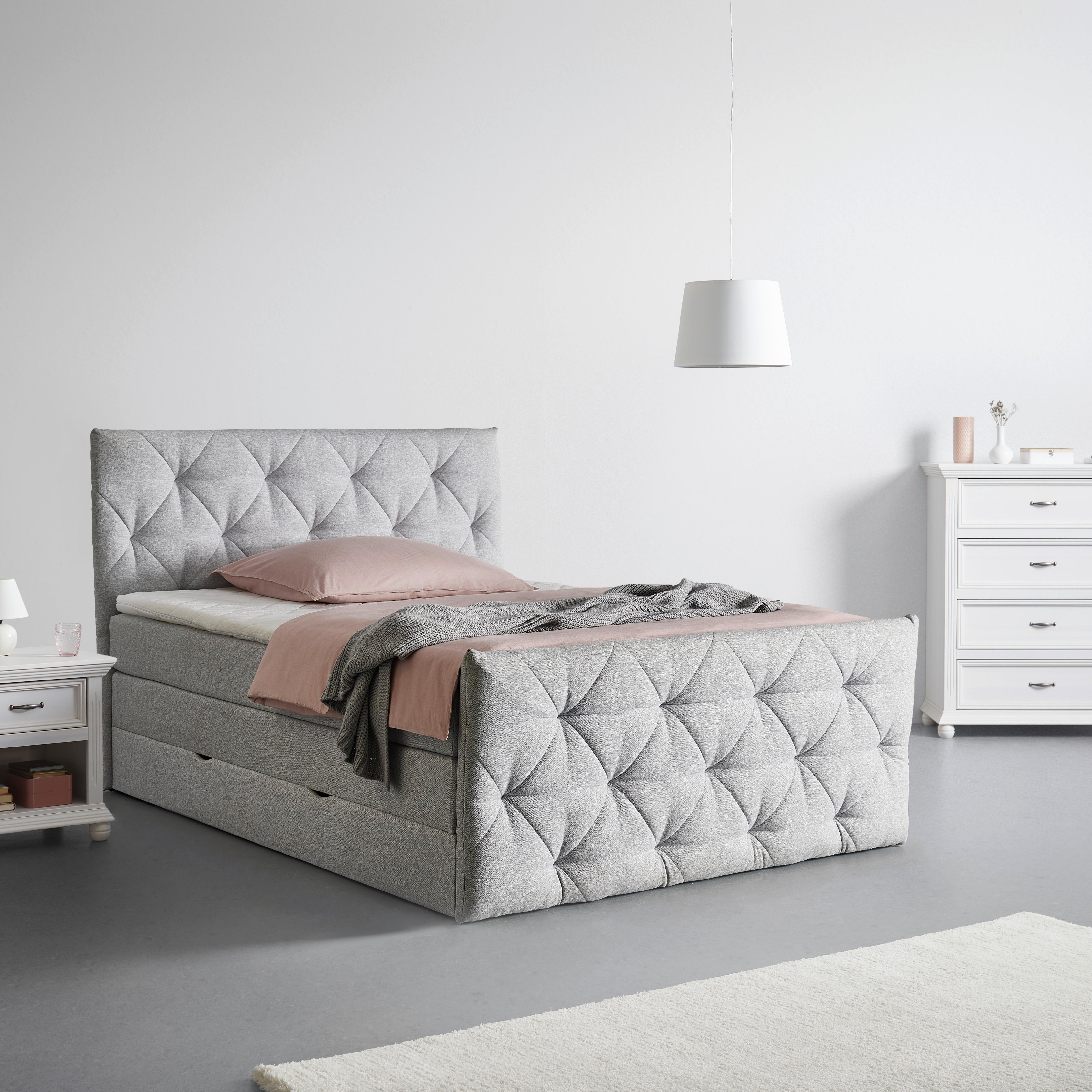 Pat boxspring Michelle - gri deschis, Romantik / Landhaus, lemn/metal (166/118/215cm) - Premium Living