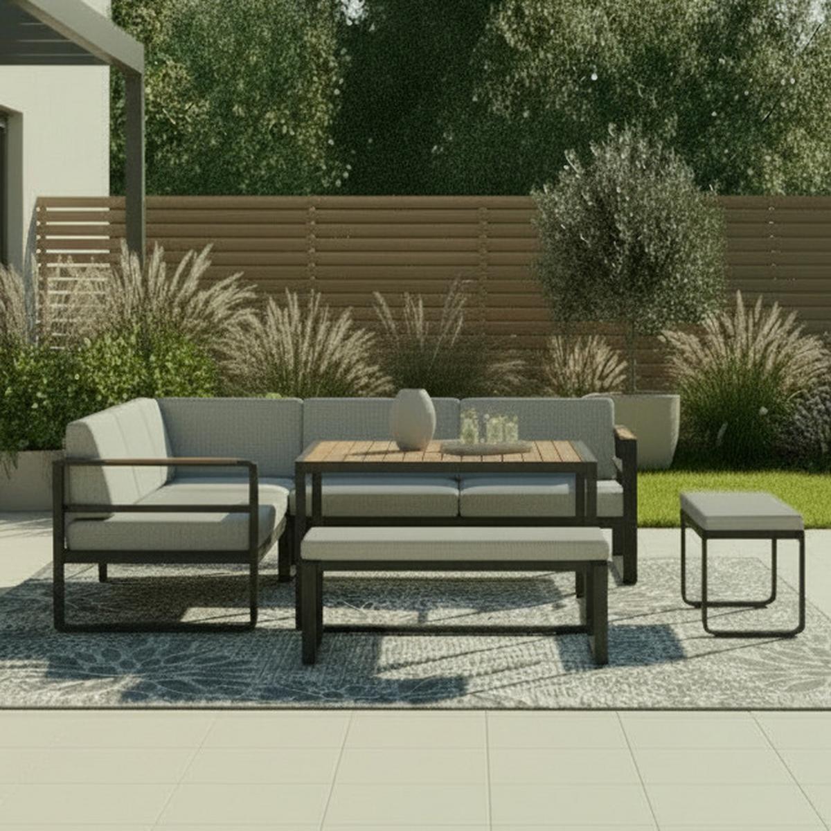Dining-Loungeset Aruba Hellgr. /Schwarz Outdoorstoff/Metall - Hellgrau/Schwarz, MODERN, Kunststoff/Textil - Bessagi Garden