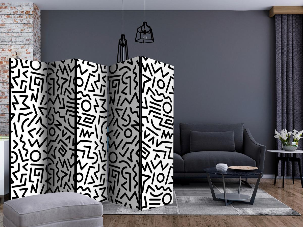 Paravan Black And White Maze I, 5-Delni, Dvostranski - črna/bela, Basics, tekstil/les (225/172/3cm) - artgeist