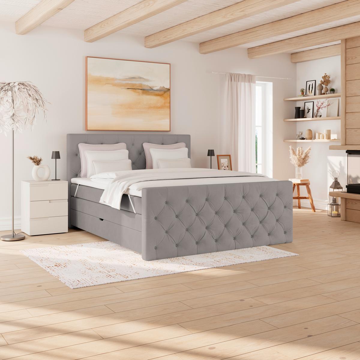 Boxspring Krevet Elio - srebrne boje/bež, Romantično / ladanjski, tekstil/plastika (160/200cm) - Modern Living