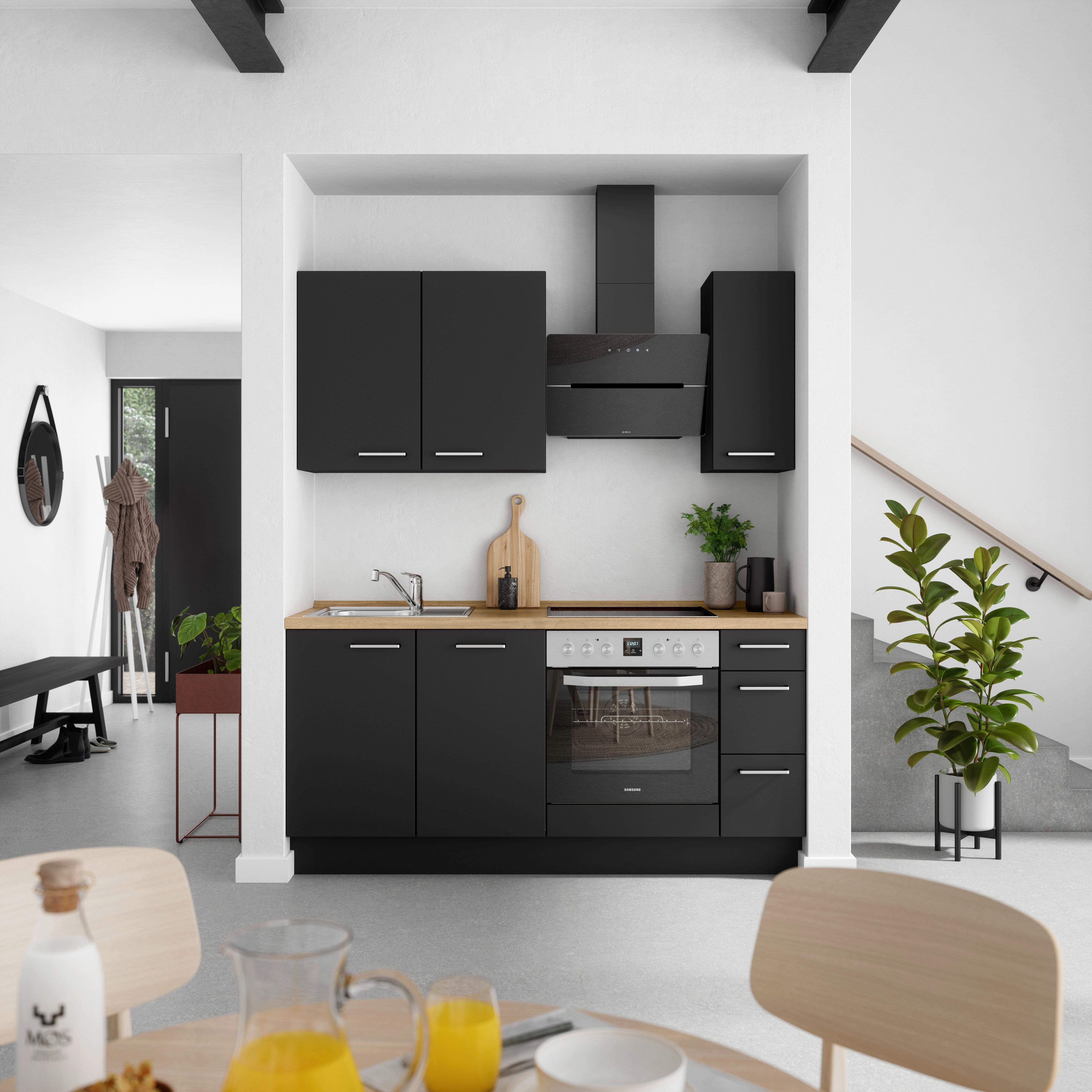 Küchenblock Touch High m. Geräten Schwarz - Edelstahlfarben/Eichefarben, MODERN, Holzwerkstoff/Metall (180cm) - Nobilia