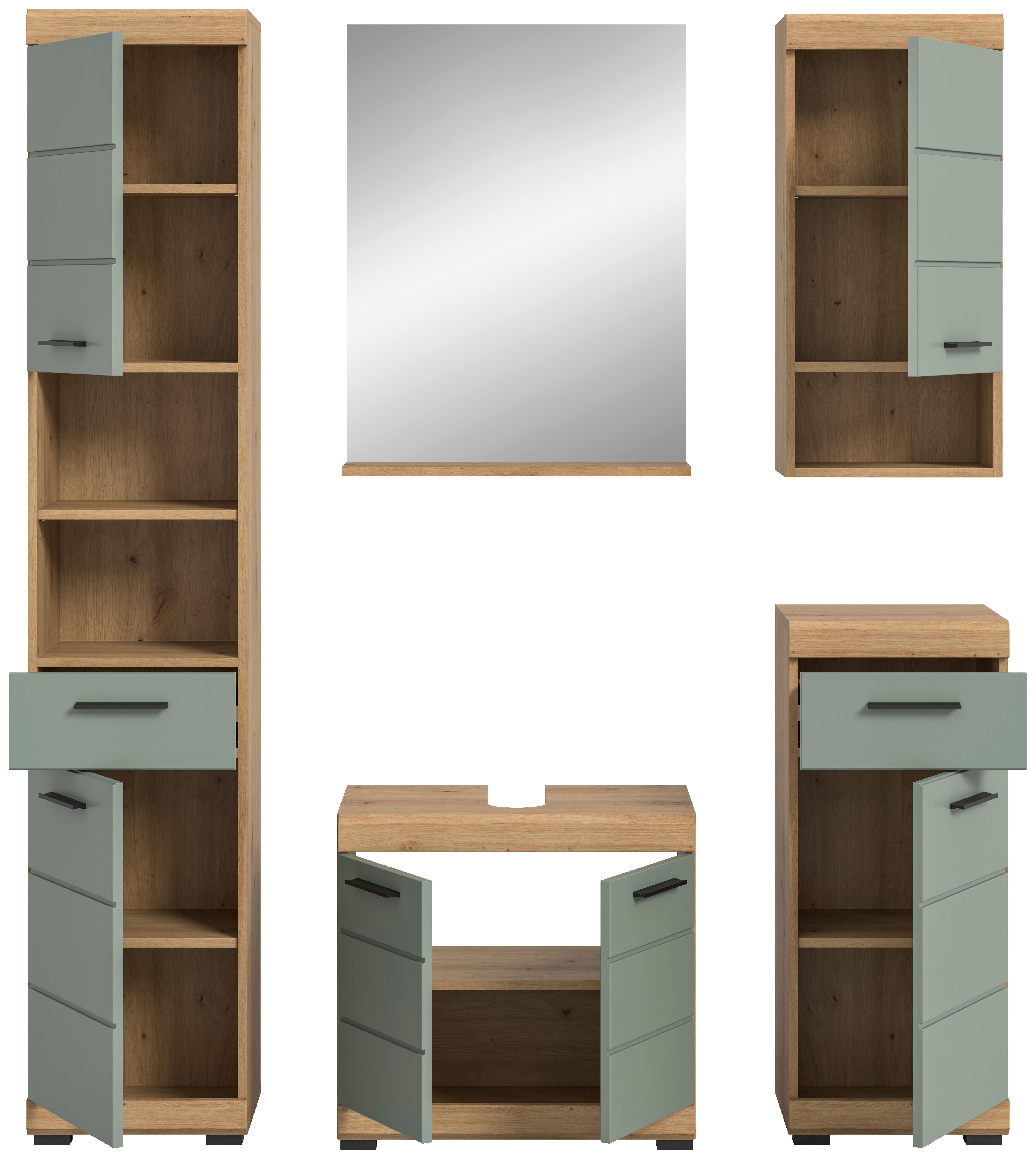 Badezimmer Scout 5-tlg. ca. 134 cm Salbeigrün - Salbeigrün/Eichefarben, MODERN, Glas/Holzwerkstoff (134cm) - MID.YOU