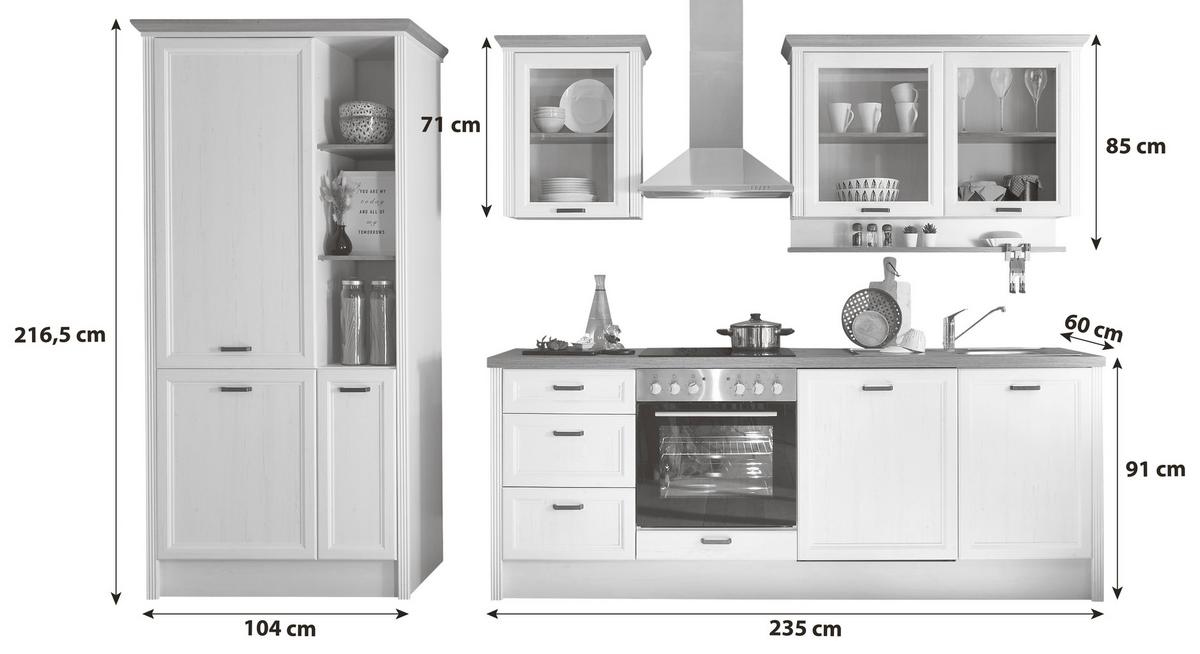 Küchenblock Jasmin mit Geräten ca. 235 cm Pinienfarben/Eiche - Anthrazit/Eiche Artisan, ROMANTIK / LANDHAUS, Holzwerkstoff/Metall (235-104/217/217/60/61cm) - P & B