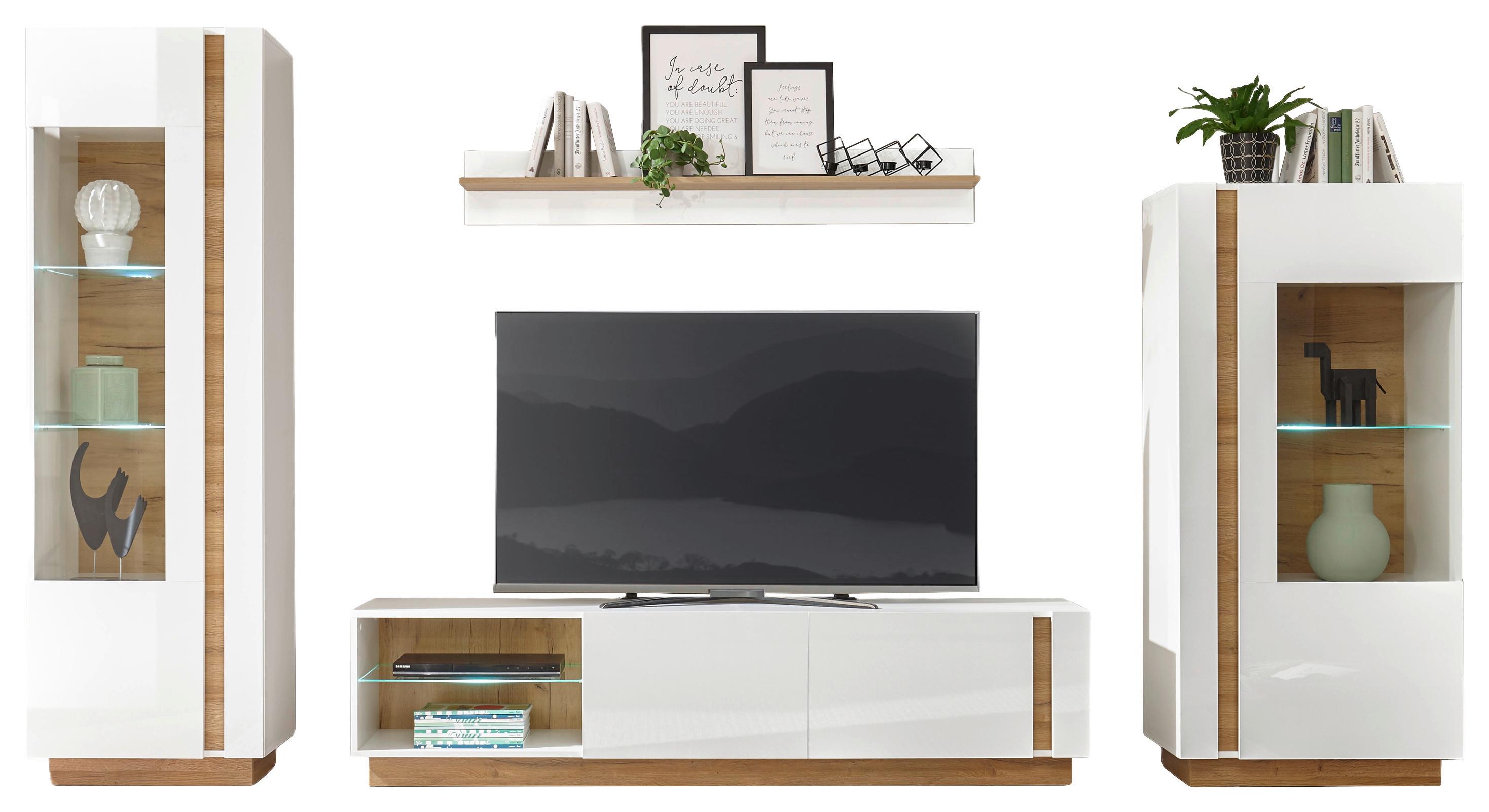 Wohnwand Clair Weiß/Eichefarben - Eichefarben/Weiß, Design, Glas/Holzwerkstoff (340/194/40cm) - MID.YOU