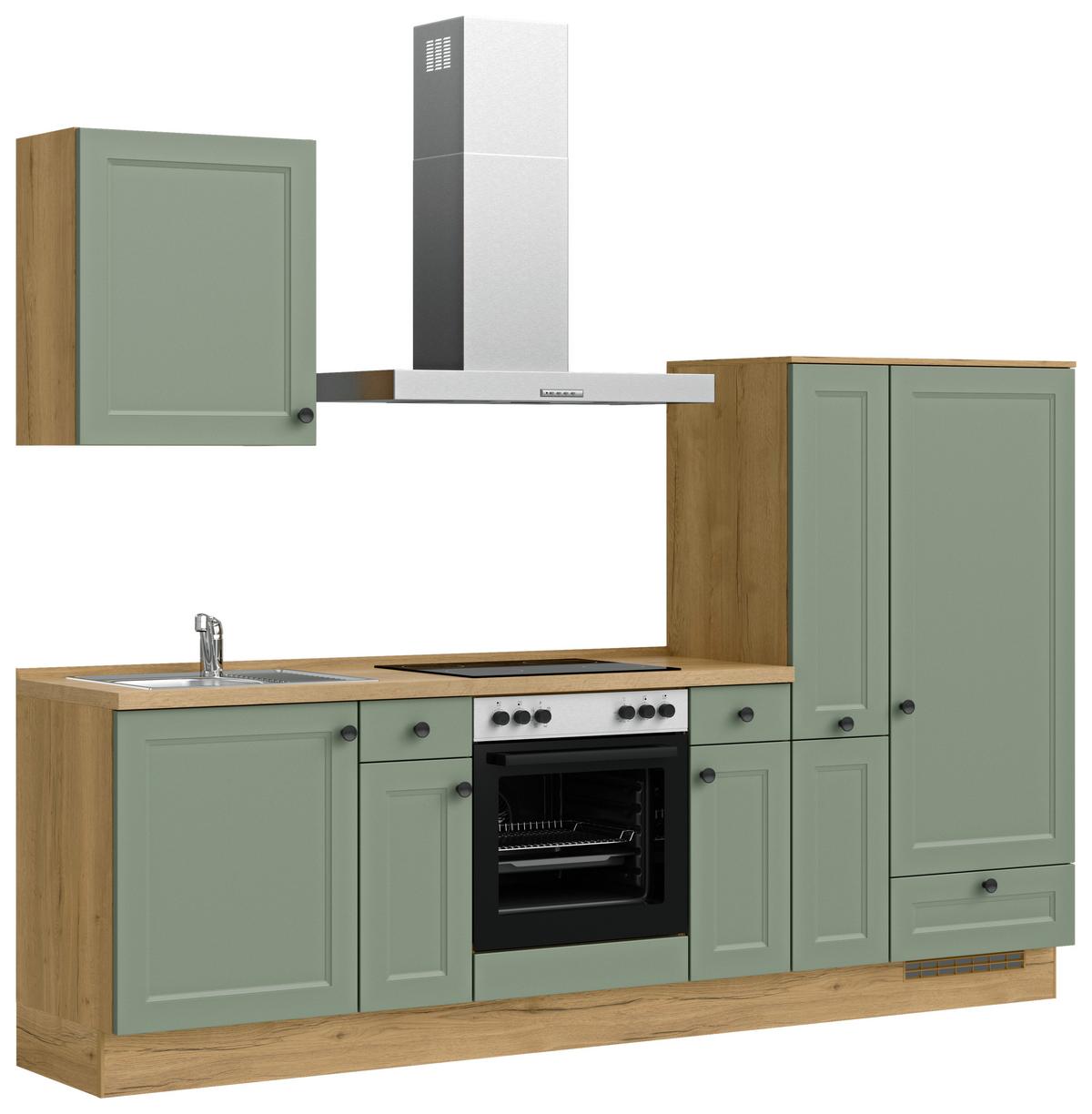 Küchenblock Cascada Low m. Geräten Schilfgrün - Schilfgrün/Eichefarben, MODERN, Holzwerkstoff/Metall (270cm) - Nobilia