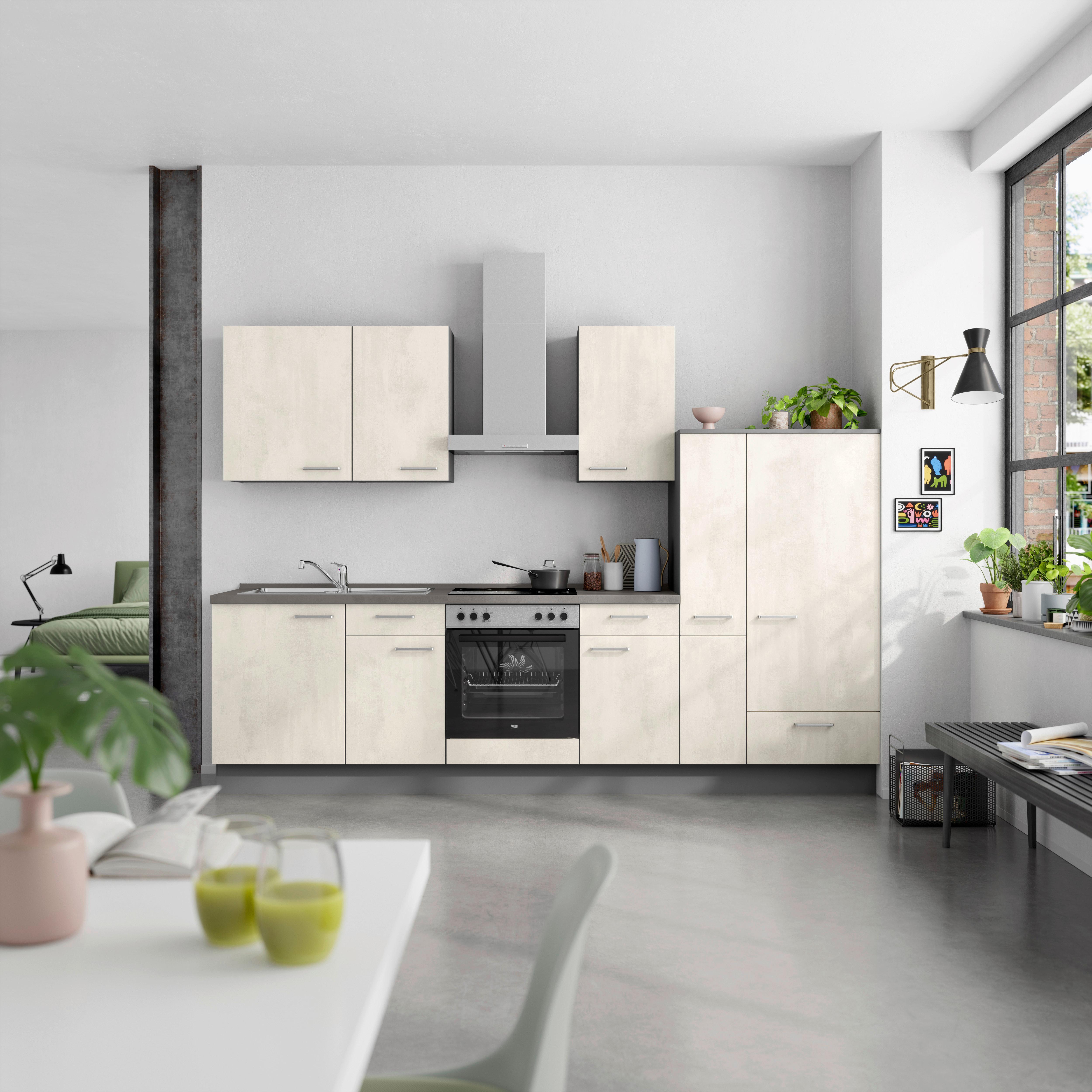 Küchenblock Riva Low m. Geräten Weiß - Schieferfarben/Edelstahlfarben, MODERN, Holzwerkstoff/Metall (300cm) - Nobilia