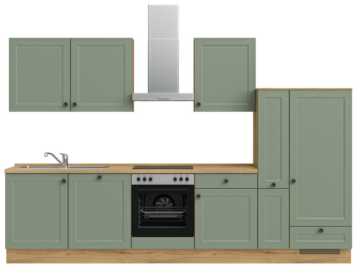 Küchenblock Cascada Low m. Geräten Schilfgrün - Schilfgrün/Eichefarben, MODERN, Holzwerkstoff/Metall (330cm) - Nobilia
