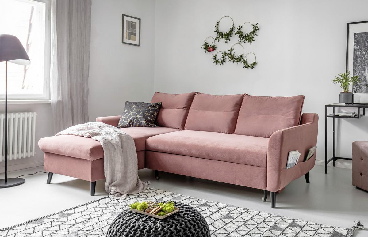 Eckschlafsofa in Altrosa ´STYLISH STAN´ - Altrosa/Schwarz, Basics, Holz/Textil (150/230cm) - MID.YOU