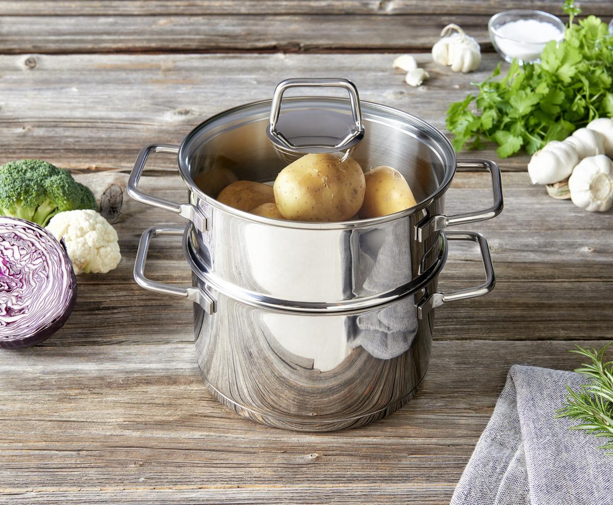 PAROWAR DO WARZYW PERFECT COOKING - kolor stalowy/przejrzysty, Basics, metal/szkło (20/25,5cm) - Homeware Profession.