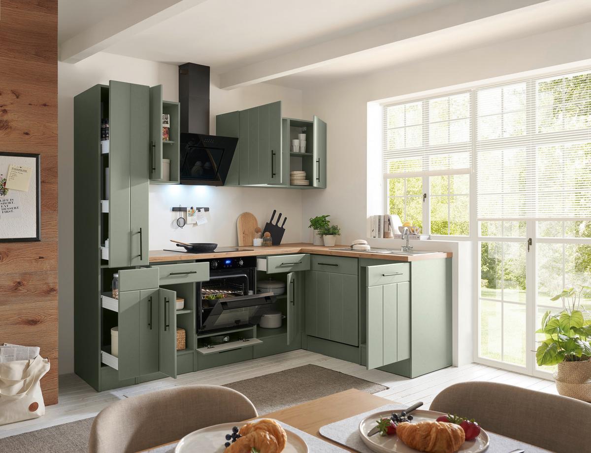 Eckküche Anton m. Geräte ca. 250x172cm Eiche/Schilfgrün - Schilfgrün/Wildeiche, Trend, Holzwerkstoff/Metall (250/172cm) - Respekta