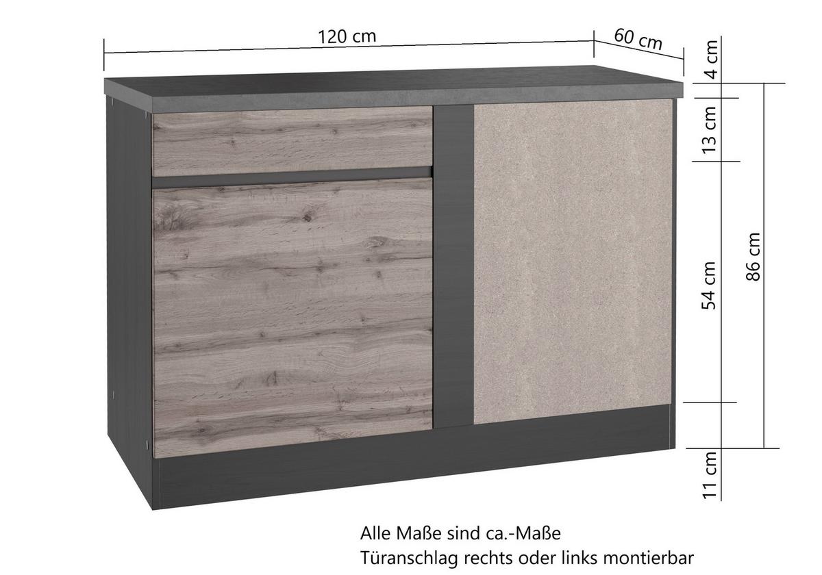 Eckunterschrank Turin ca. 120x86 cm Graphit/Eiche - Eiche Wotan/Graphitfarben, Design, Holzwerkstoff (120/86/60cm) - Held