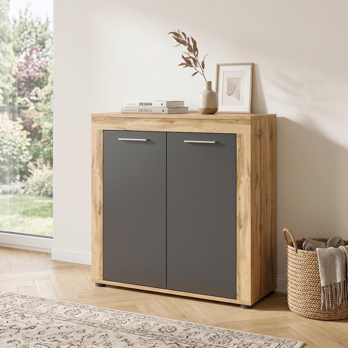 Highboard Jam ca. 80x88x35 cm Eiche/Grau - Eiche Wotan/Silberfarben, Design, Holzwerkstoff/Kunststoff (80/88/35cm) - MID.YOU