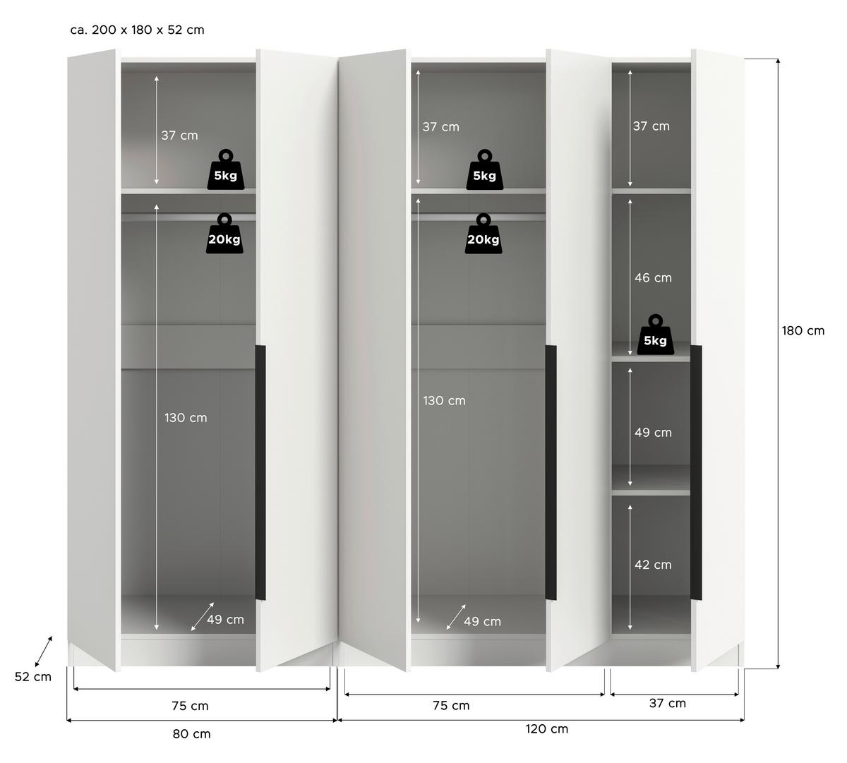 Drehtürenschrank KOPENHAGEN ca.200x181x52cm Weiß - Schwarz/Weiß, MODERN, Holzwerkstoff (200/181/52cm) - MID.YOU