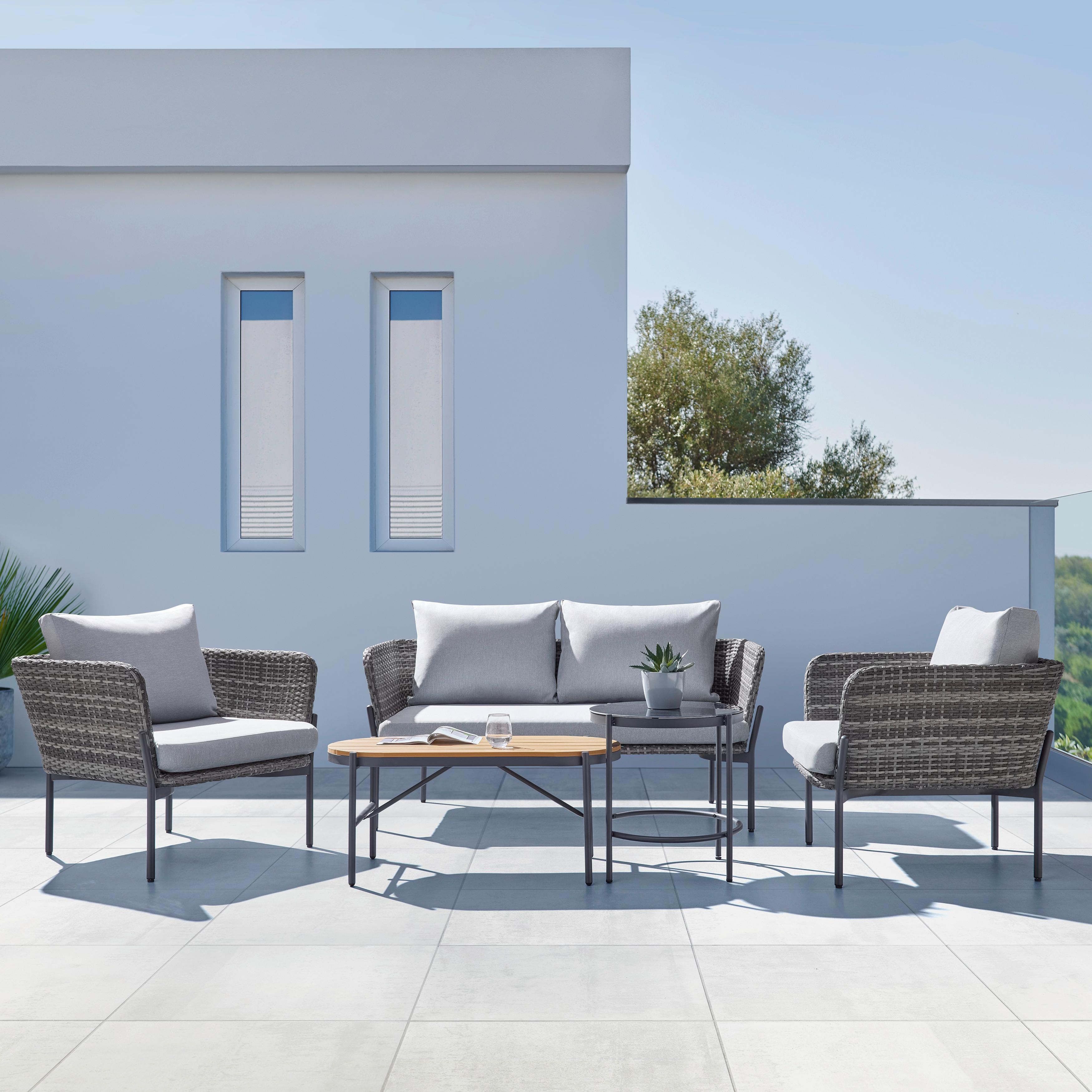 Loungegarnitur Zophia Grau Outdoorstoff/Metall/Glas - Dunkelgrau/Schwarz, MODERN, Glas/Kunststoff (150/68/70cm) - Bessagi Garden