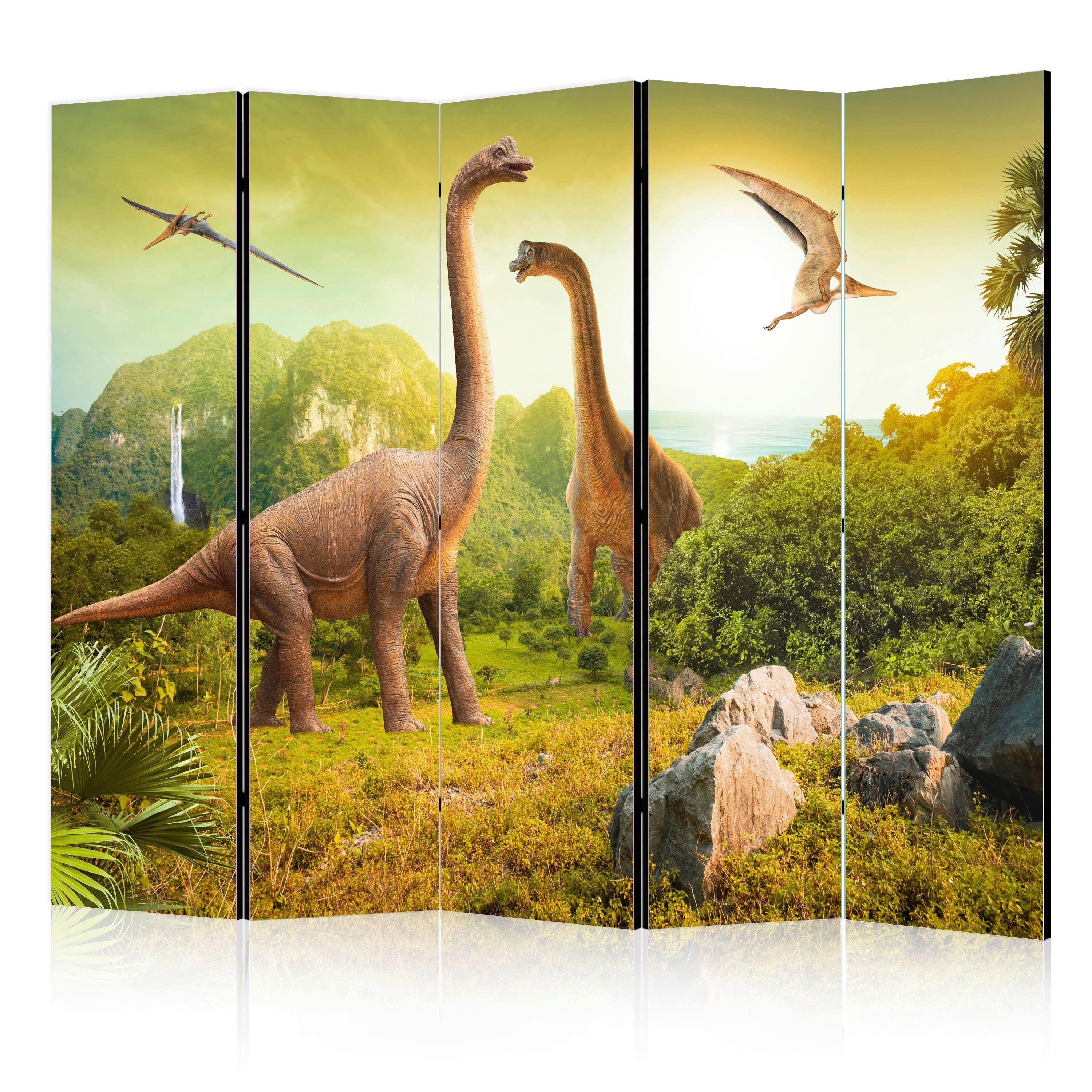 Paravan Dinosaurs I, 5-Delni, Dvostranski - svetlo rjava/zelena, Basics, tekstil/les (225/172/3cm) - artgeist