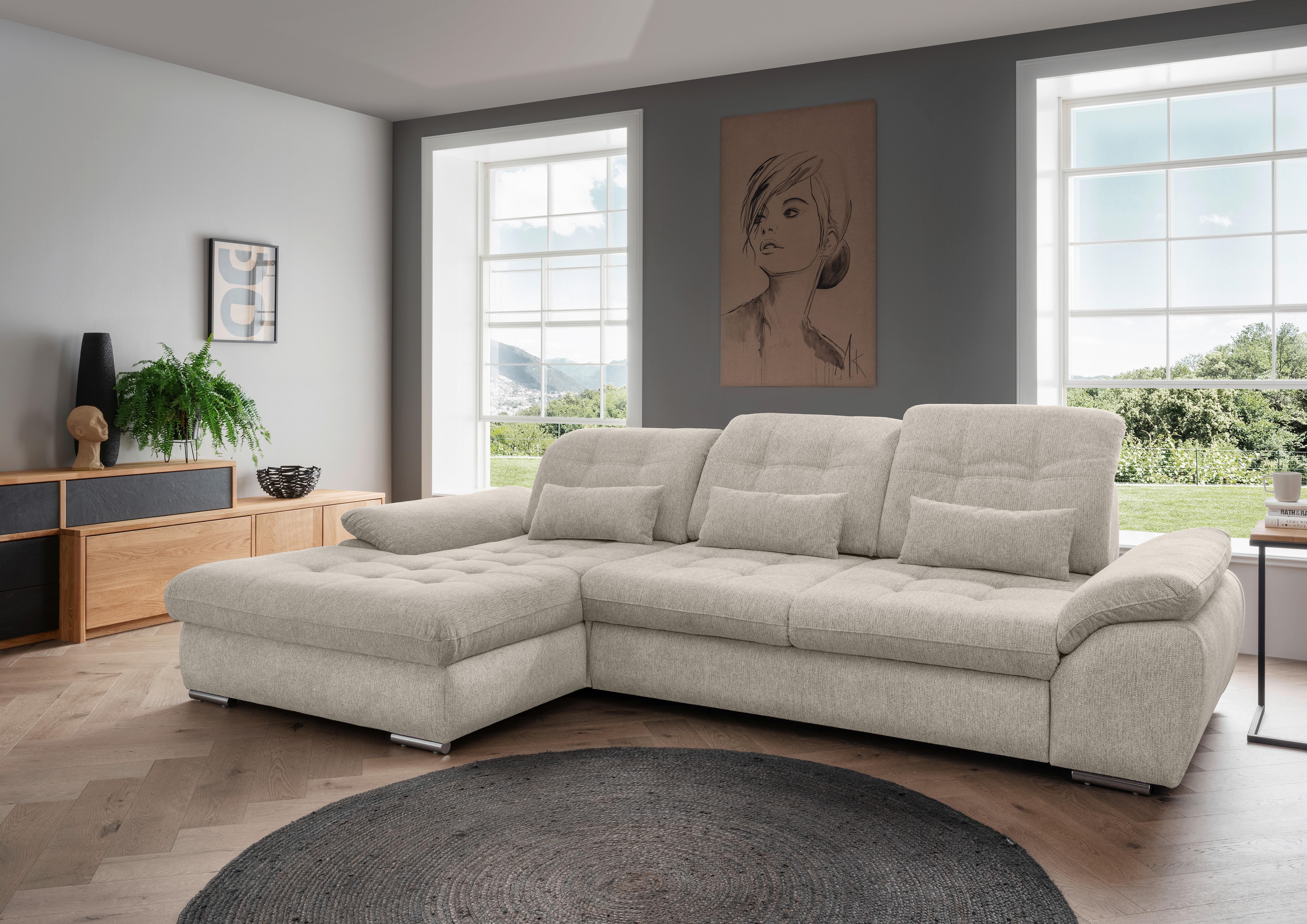 Ecksofa Rigatti Beige Chenille m. Bettkasten - Chromfarben/Beige, MODERN, Textil/Metall (184/314cm) - Livetastic