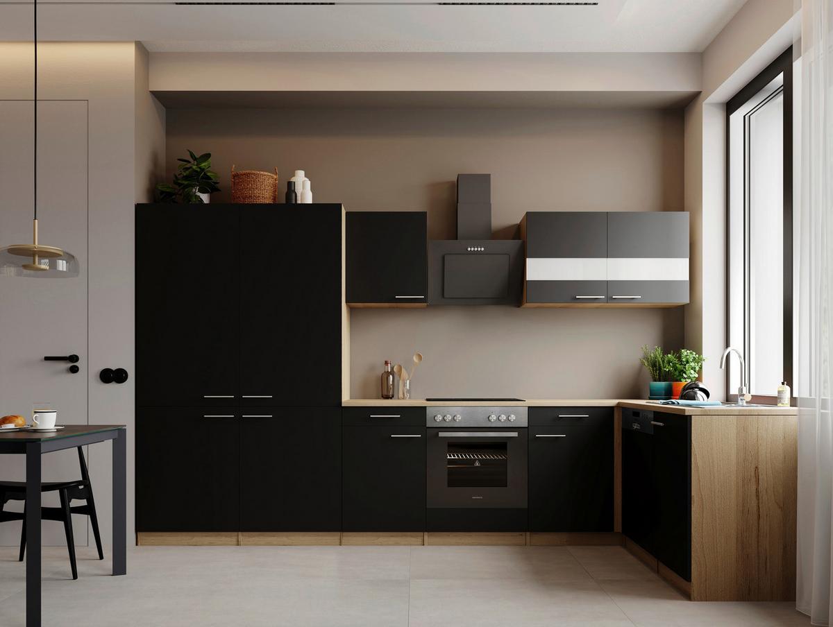 Eckküche Merle m. Geräten ca. 340x172cm Schwarz - Edelstahlfarben/Eichefarben, Trend, Holzwerkstoff/Metall (340/172cm) - Respekta