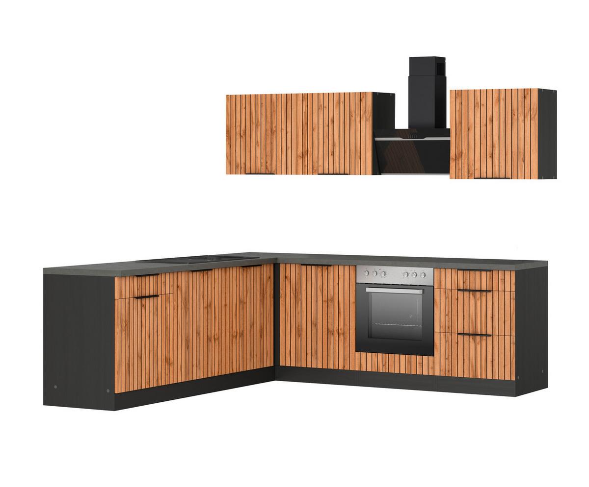 Eckküche Liverpool m. Geräten ca. 240x240cm Graphit/Eiche - Schieferfarben/Eiche Wotan, Basics, Holzwerkstoff/Metall (240/240cm) - Held