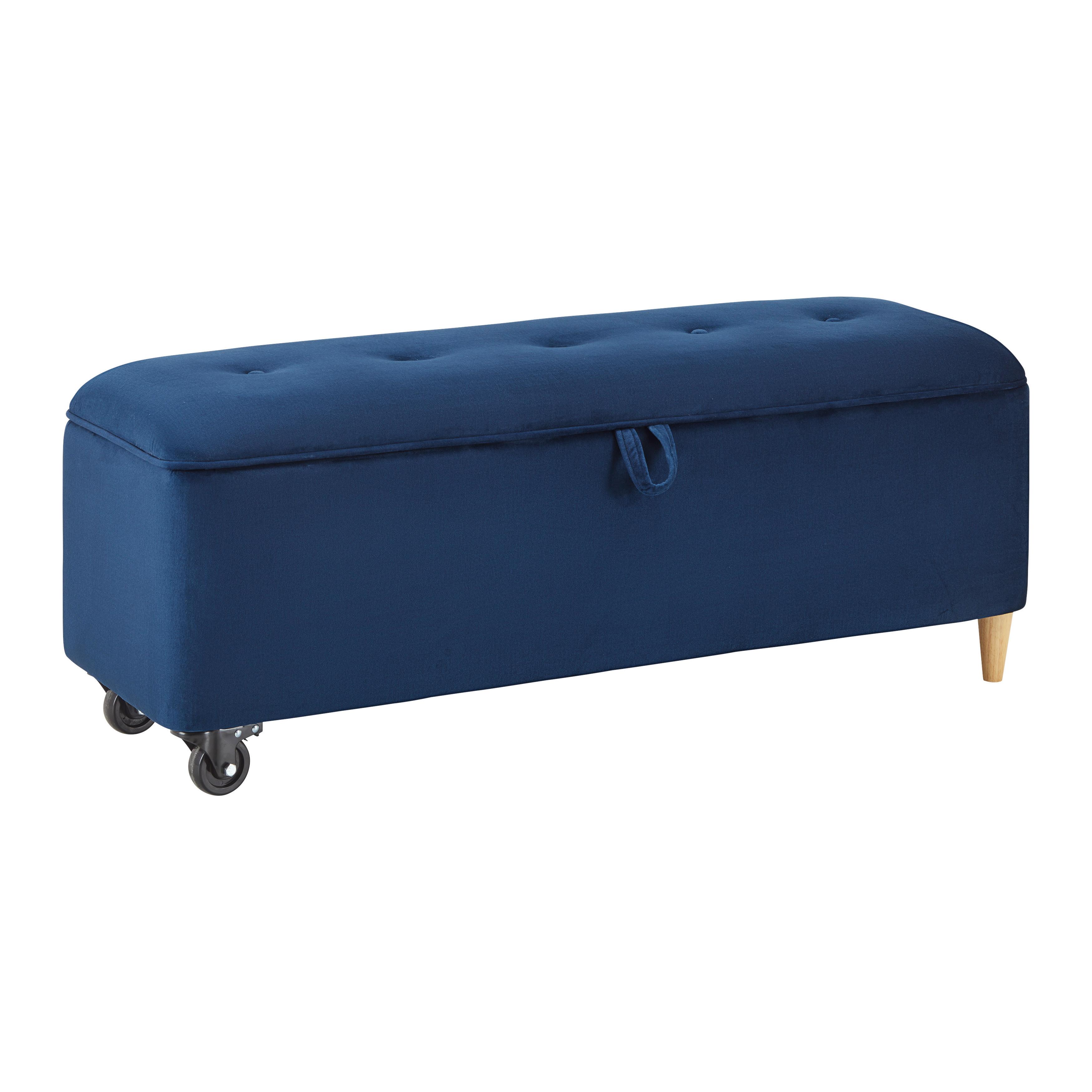 Hockerbank Ella Blau Samt Gepolstert mit Staurraum - Blau/Schwarz, MODERN, Holz/Textil (124/48/43cm) - Bessagi Home