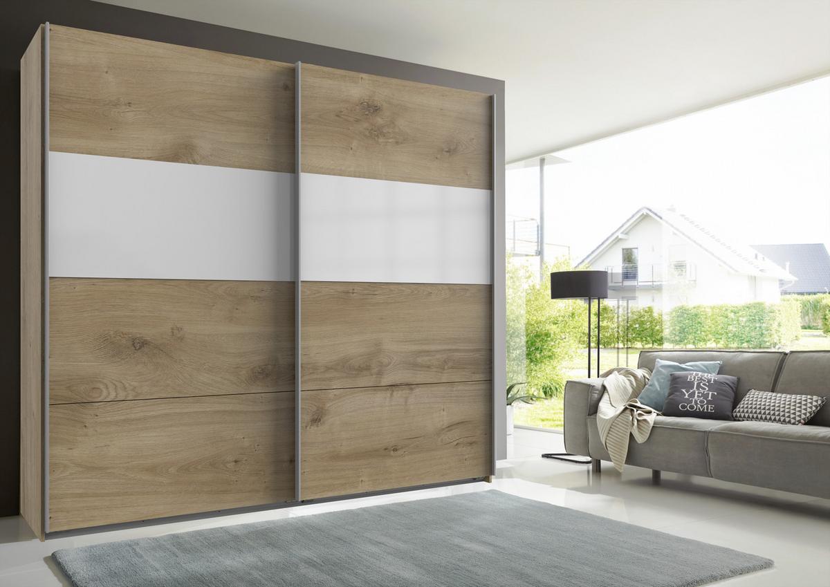 Schwebetürenschrank in Eichefarben/Weiß - Eichefarben/Alufarben, KONVENTIONELL, Holzwerkstoff/Metall (225/208/65cm) - Mömax