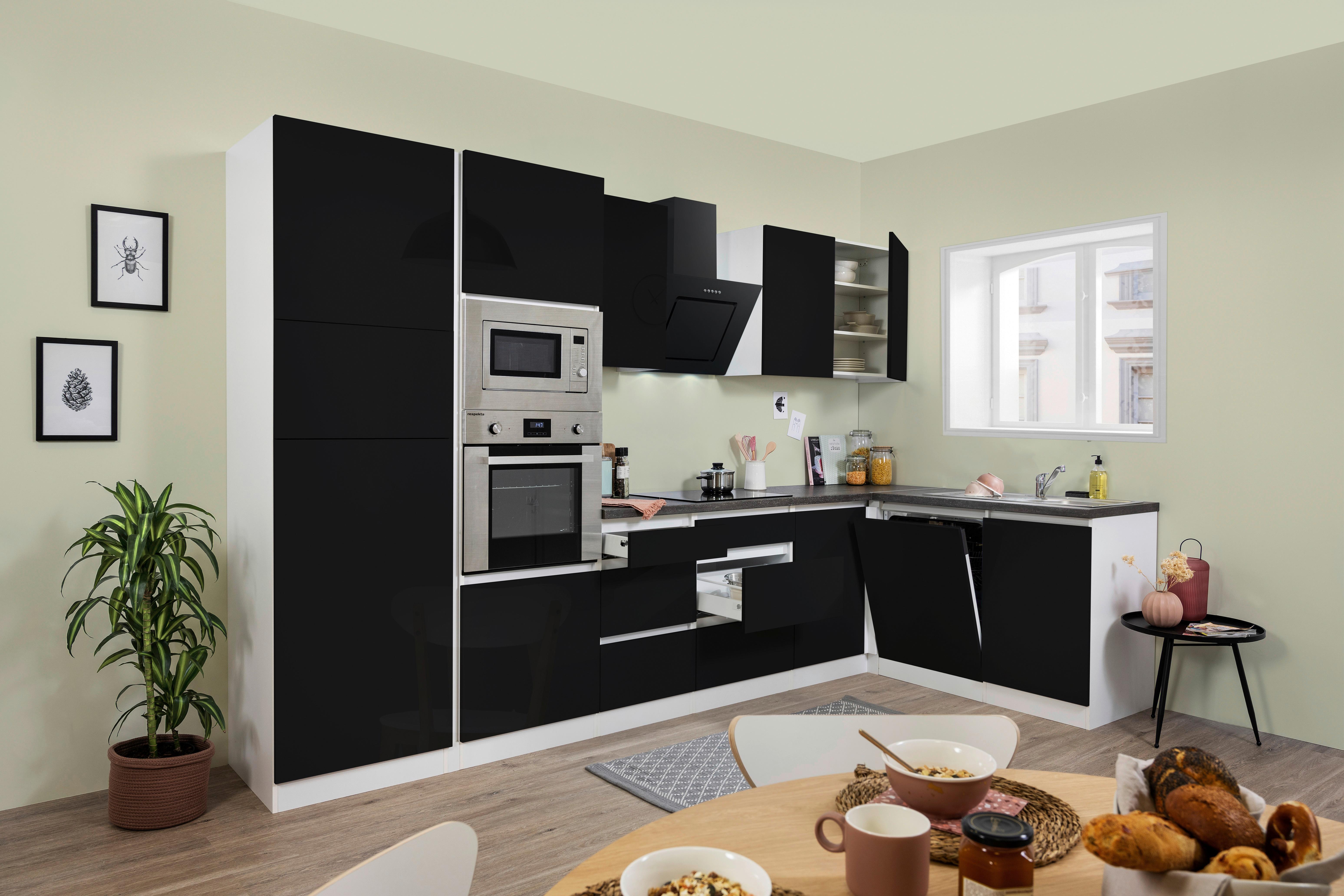 Eckküche Premium Schwarz Hochglanz/Weiß ca. 345x172 cm - Schwarz/Weiß, MODERN, Holzwerkstoff (345/172cm) - Respekta
