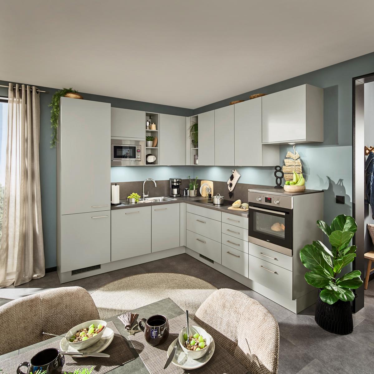 Eckküche IP1200 ohne Geräte, Kieselgrau - Grau, Holzwerkstoff (235/265cm) - Impuls