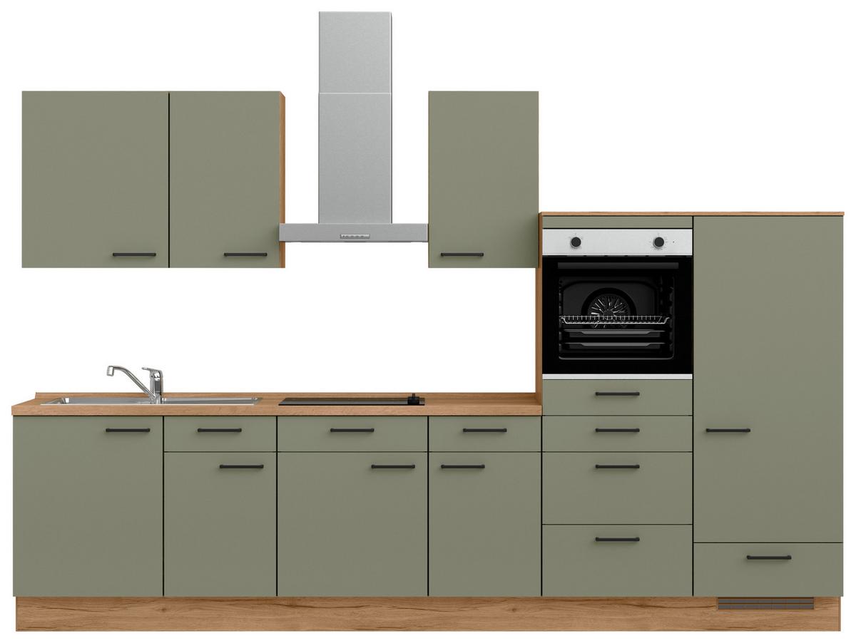 Küchenleerblock Senso Low o. Geräte Olivgrün - Eichefarben/Schwarz, MODERN, Holzwerkstoff/Metall (330cm) - Nobilia